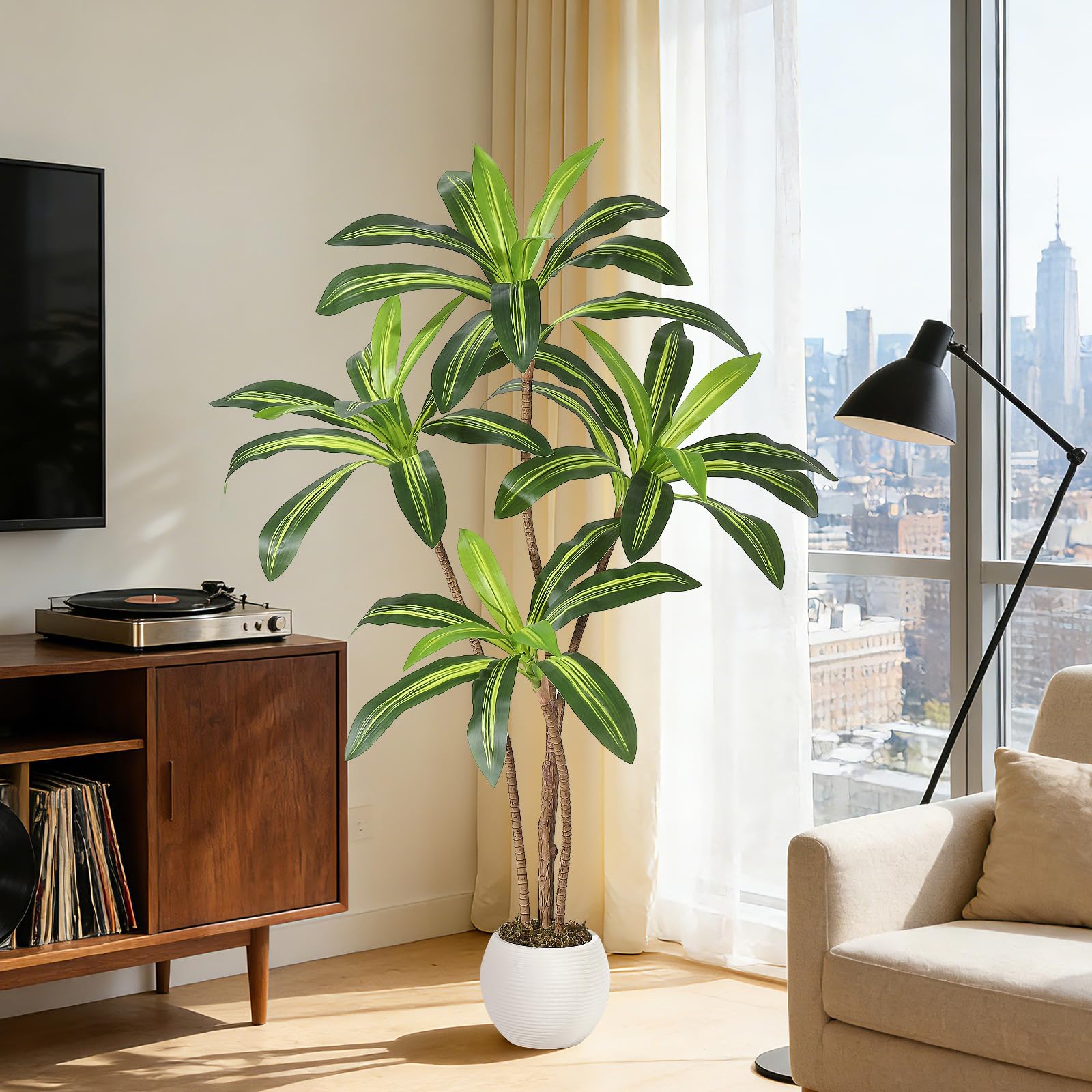 Lidzopas Realistic Artificial Dracaena Tree – Lifelike Faux Yucca Plant with Natural Wood Trunk & Dense Greenery for Indoor/Outdoor Home Decor, Ideal for Living Room, Office, Porch, Patio