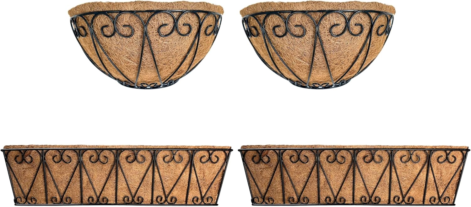 LaLaGreen Bundle- 2 Pack, 12 Inch Semi-Circle Hanging Basket + 2 Pack, 24 Inch Rectangular Metal Wire Hanging Basket Flower Plant Pot Holder Wall Mount Black Horse Trough Balcony Fence Over Rail Decor