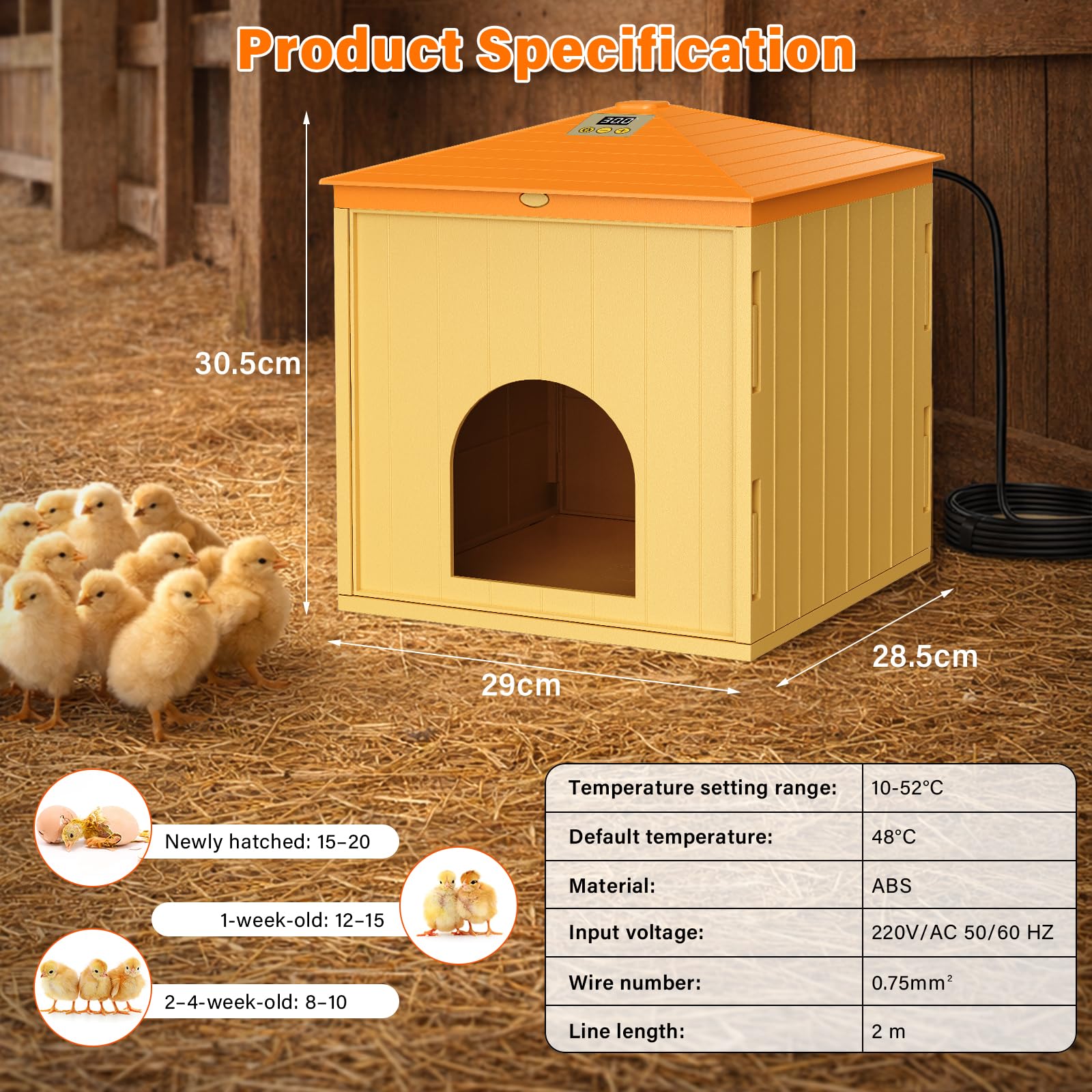 360°Calentador para Gallinero, 65W Calefacción Gallinero, Criadora de Pollitos, 10-52℃, para 15-20 Pollitos, para Pollos, Gatitos, Cachorros, Mascotas