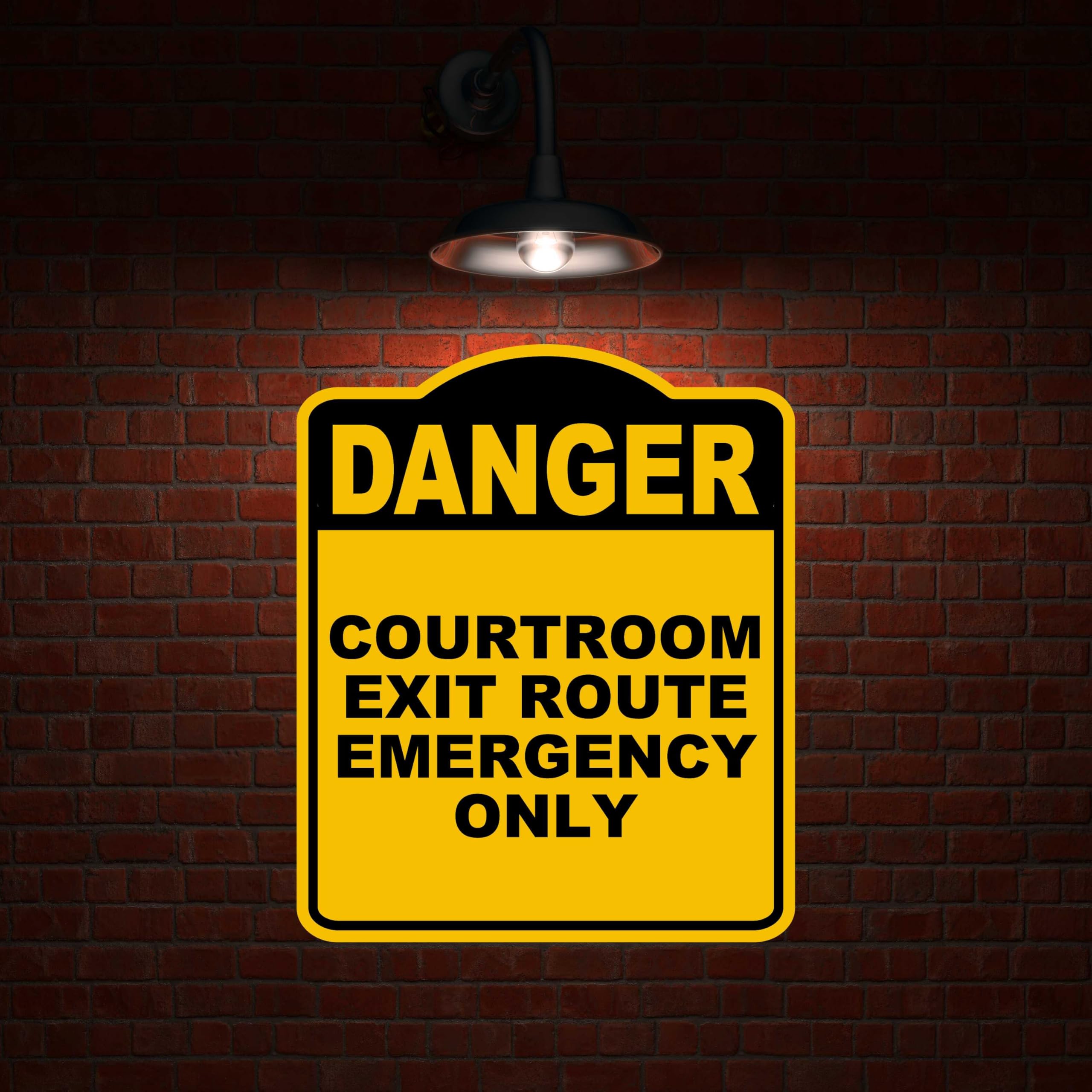 COURTROOM EXIT ROUTE EMERGENCY ONLY Danger Yellow Black Aluminum Composite Sign 20 x 24 inches
