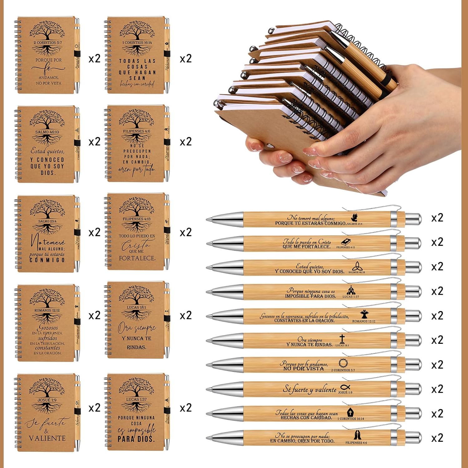 Kosiz 40 Pcs/20 Set Mothers Day Christian Gifts Bulk Religious Spiral Notebook with Bible Verse Pen Prayer Journal Inspirational Notepad for Men Women Church Birthday Bible Study (Spanish Tree of Life)