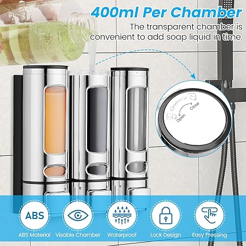 Miniatura 6 de 3 dispensadores de jabón de champú para ducha montados en la pared, 13.5 fl oz x 3 dispensadores de champú sin taladro, dispensador de bomba de