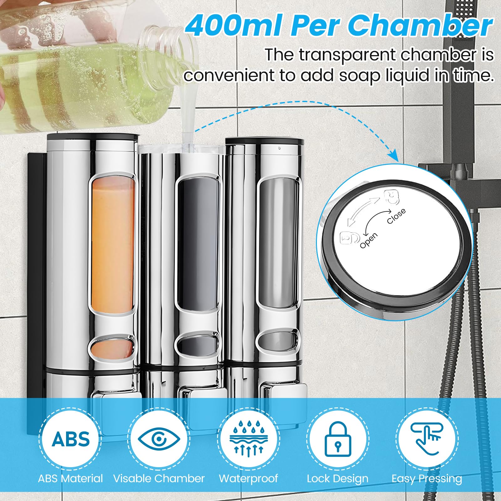 Dispenser di sapone da parete senza foratura, dispenser per shampoo e balsamo, 400 ml x 3 dispenser per shampoo, bottiglie trasparenti ricaricabili, per doccia da bagno, argento