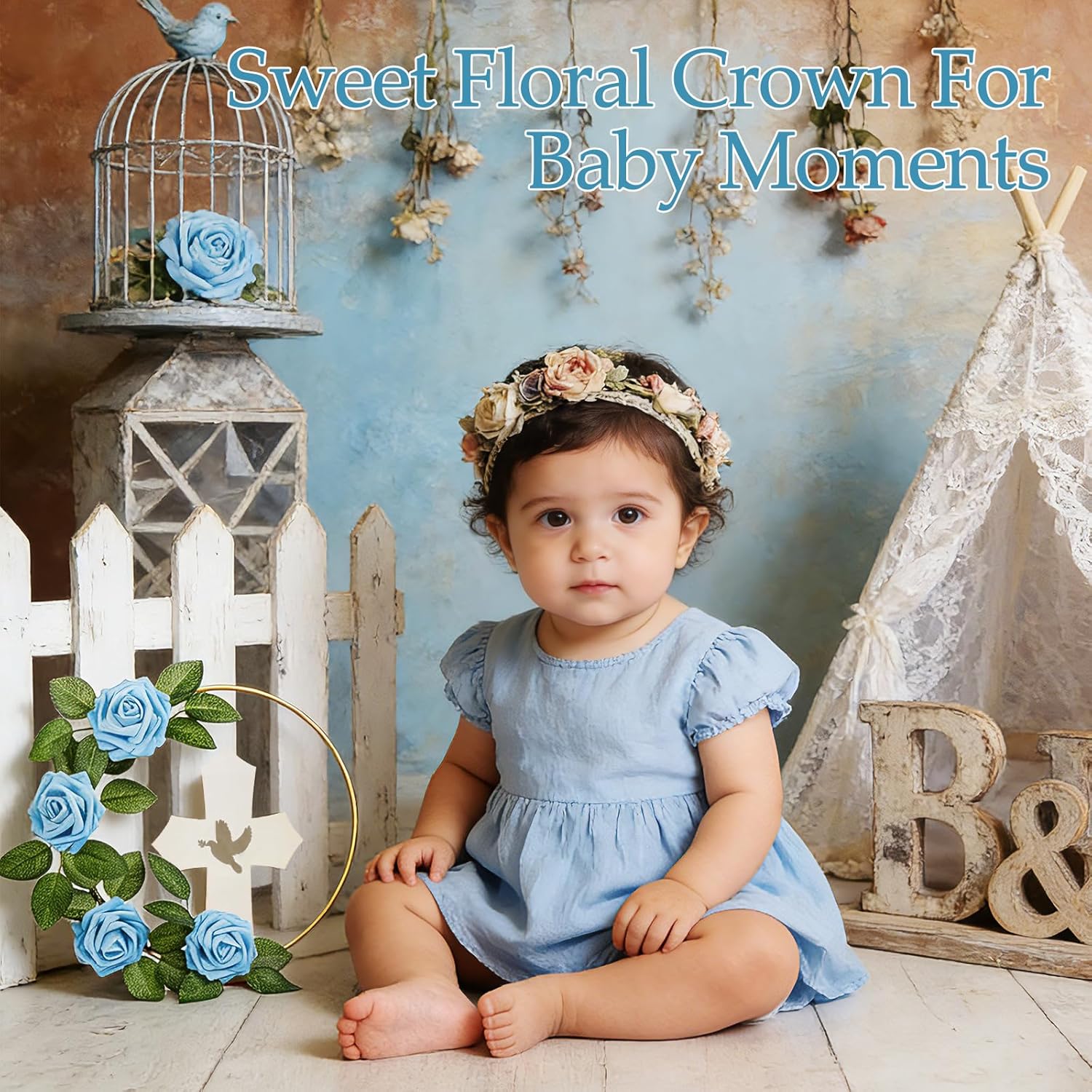 64 Pcs Baptism Centerpiece First Communion Table Decoration 16 Wood Cross 16 Floral Hoop with Stand 32 Blue Foam Rose with Stem for Baptism Baby Shower Wedding
