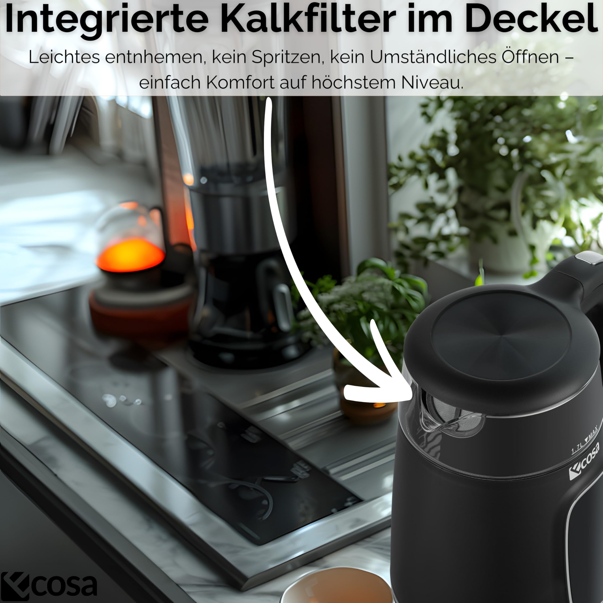 Ecosa® Wasserkocher mit Temperatureinstellung Glas Edelstahl - Teekocher - 1,7 Liter 2.200 Watt - BPA Frei mit Temperaturwahl 40°C-100°C - Warmhaltefunktion LED Beleuchtung (Black Pearl)