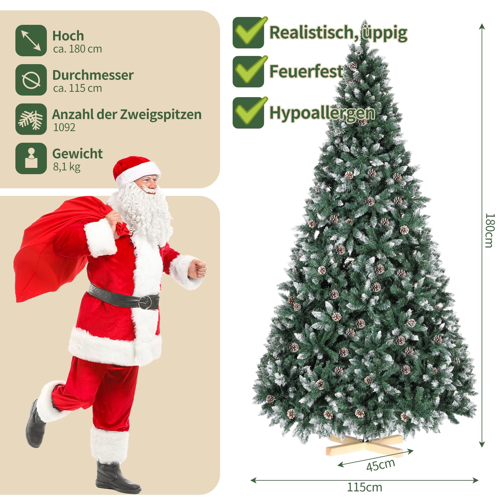 LIFERUN 180cm Árbol de Navidad Nevado, Abeto Nordmann Premium, Ramas Densas y Realistas, Arbol de Navidad Artificial con 32PCS Piñas, Soporte de Madera, 1092 Puntas de Rama, Fácil Montaje, Ignífugo