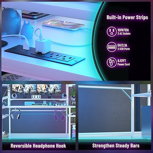 Miniatura 15 de Armocity Escritorio para juegos en forma de L con gabinete y estantes, escritorio para computadora de juegos de 47 pulgadas con luces LED y Roble