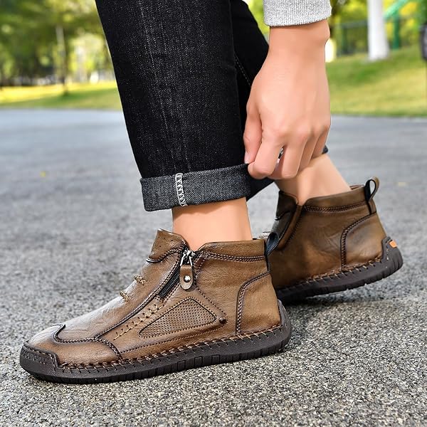 YHTRFDMSG Men's High Top Loafers Shoes,Handcrafted Leather Waterproof Non-Slip Orthopaedic Ankle Boots Side Zipper Hiking Orthopedic Fleece Slip-On Footwear for Outdoor Walking - 5