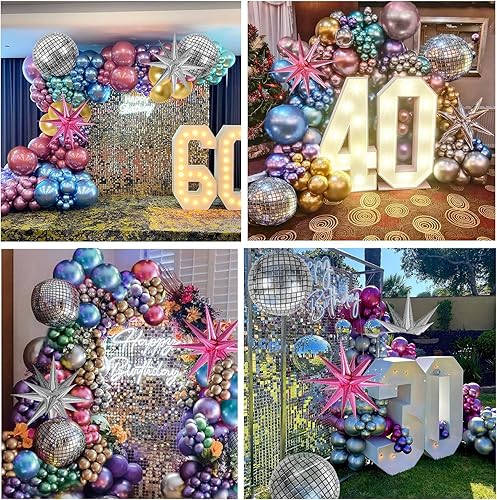 Miniatura 5 de FOTIOMRG Kit de arco de globos de discoteca de 135 piezas con globos de bola de discoteca, globos metálicos plateados, azul, verde, morado, rosa