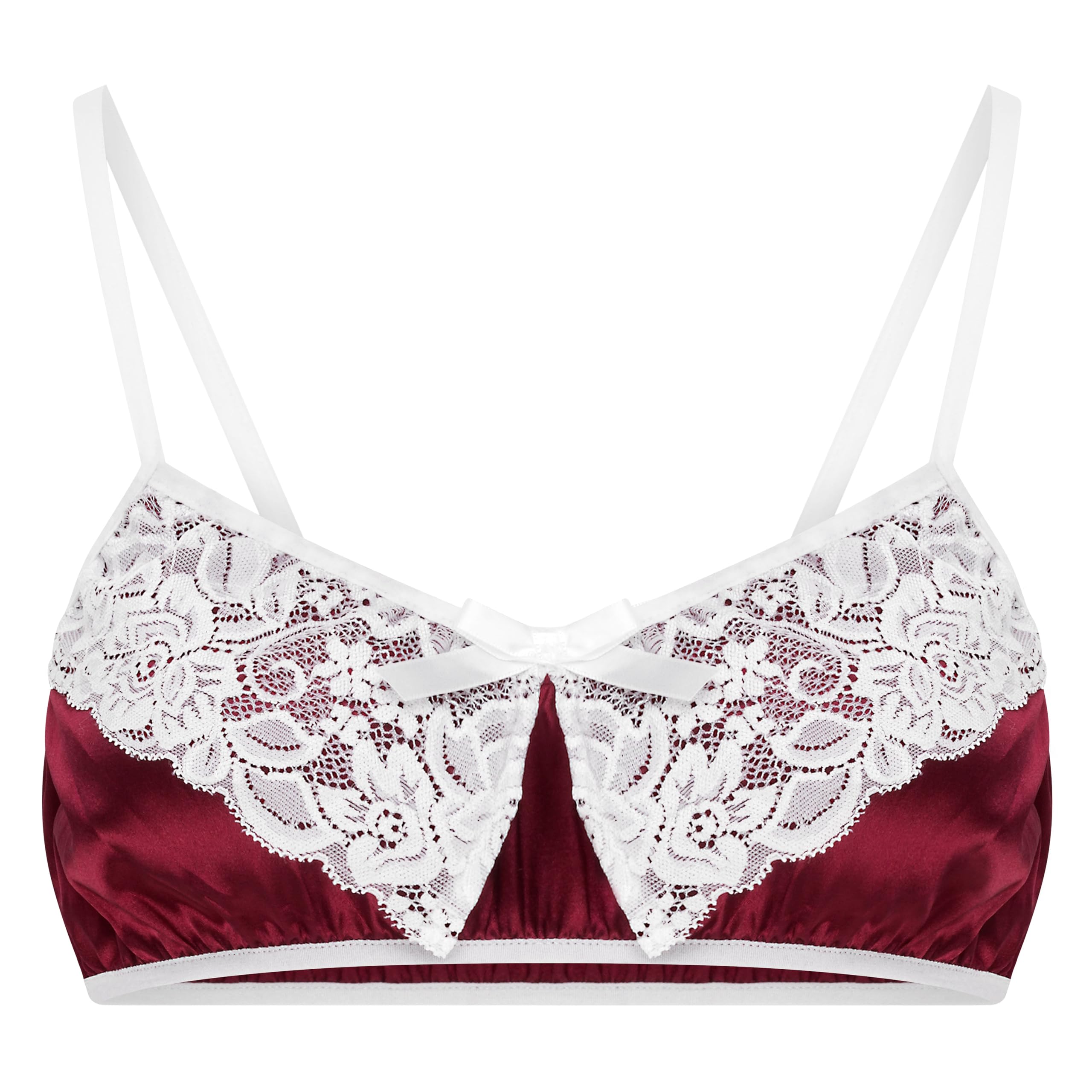 Satini Sissy Frilly Lace Fitted Silky Satin Lingerie Bralette (Wine Red, M)