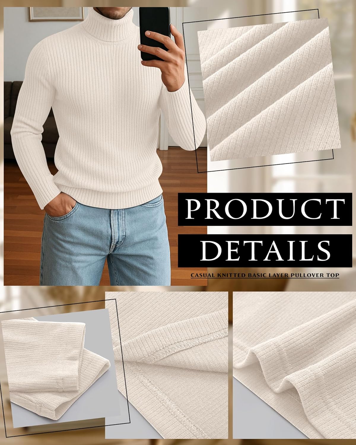 Neer 3 Pack Men's Turtleneck Long Sleeve Shirts Ribbed Sweater Mock Neck Pullover Tops Casual Knit Slim Fit Layer Basic Tee - Image 4