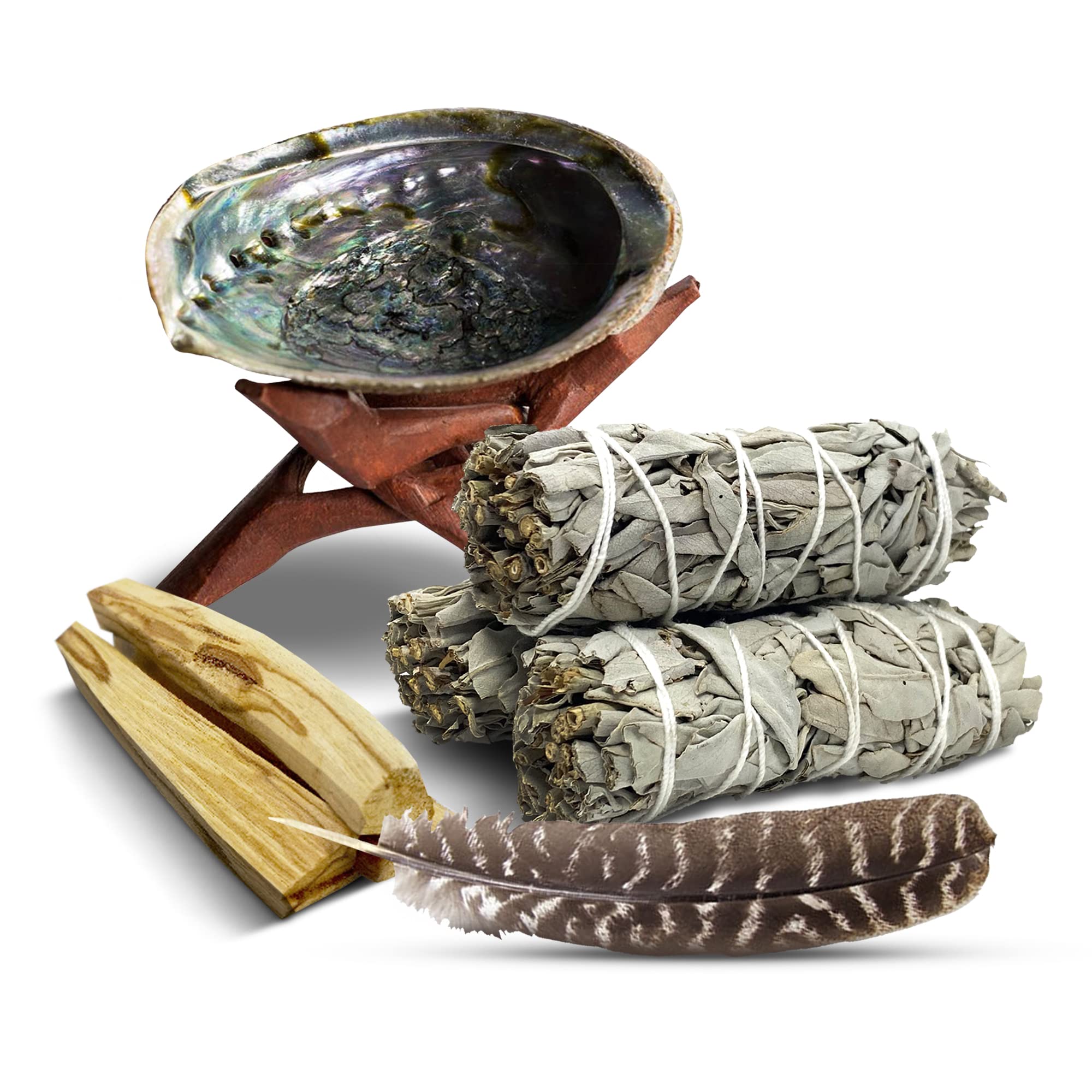 Age of SageFIAHNG Smudge Kit - California White Incense, California White Sticks, w/Palo Santo Pieces, Tripod Stand, Abalone Shell, Smudging Feather, Hand-Wrapped White Cleansing Bundle