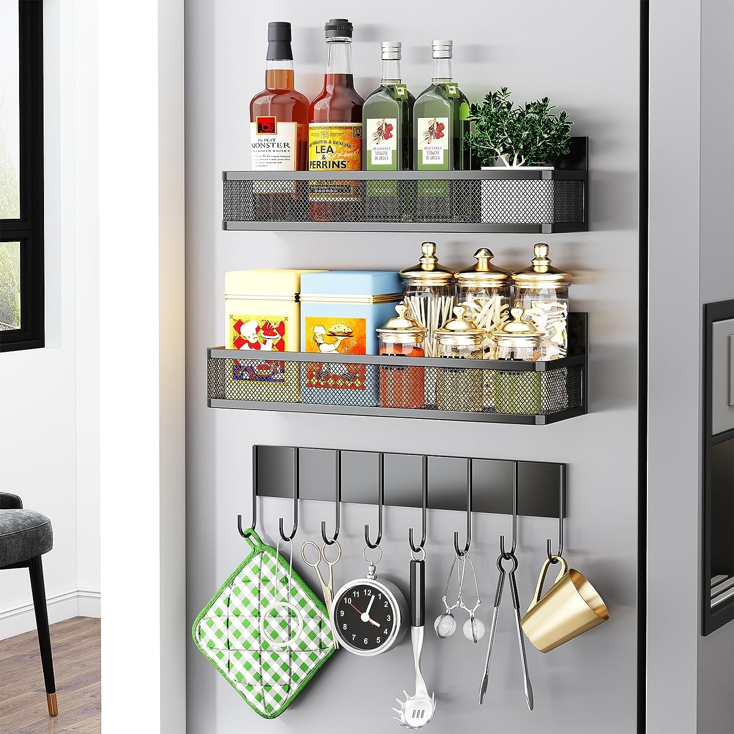 Magnetic Spice Rack for Refrigerator - 3 Pack Shelf With Hooks, Moveable Fridge Organizer, Seasoning Storage for Kitchen Organization