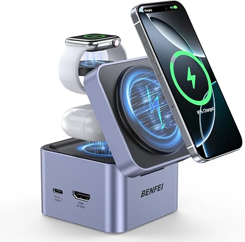 BENFEI Cargador Plegable MagSafe 3 en 1 con USB C Hub, Estación de Carga inalámb