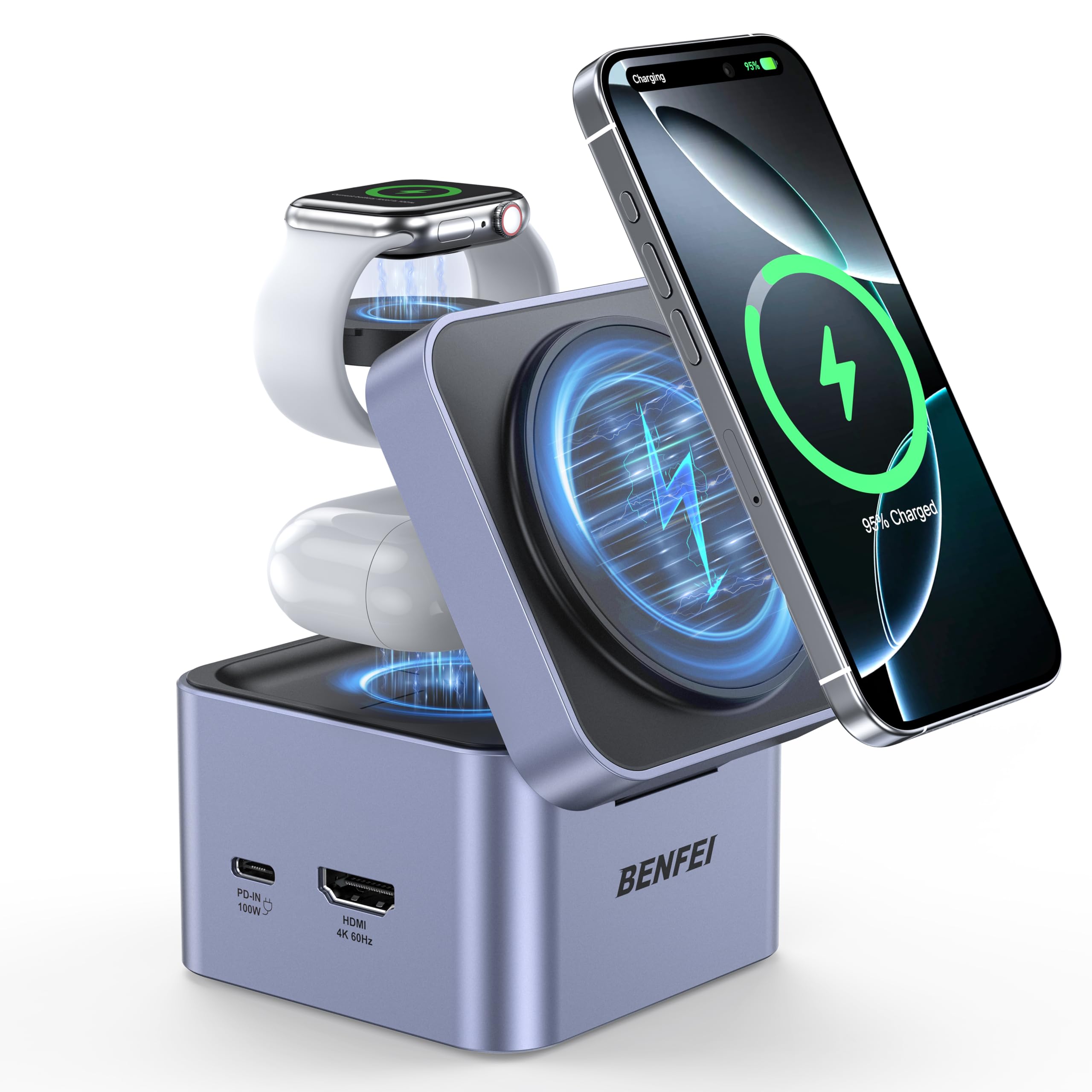 BENFEI Caricabatterie pieghevole 3 in 1 MagSafe con hub USB-C, stazione di ricarica wireless per iPhone 16/15/14/13/12, Apple Watch, AirPods, con supporto HDMI 4K@60Hz, 100W PD e 2 porte USB 3.0 5Gbps