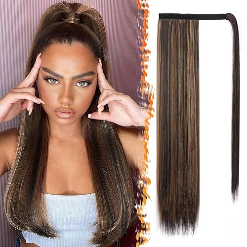 Miniatura 10 de BARSDAR Extensión de cola de caballo de 26 pulgadas, largo y recto, con clip de fibra sintética para mujer, color negro natural