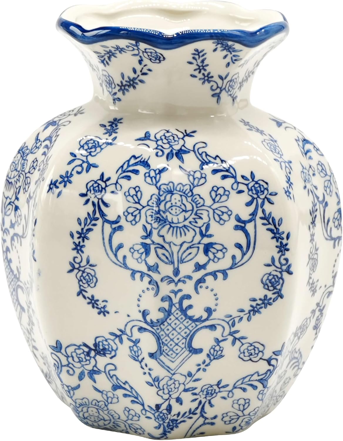 6-inch Height Vintage Blue Ceramic Flower Vessel – Elegant Hand-Painted Floral Design, Durable Ceramic Construction， (Crabapple Blossom)