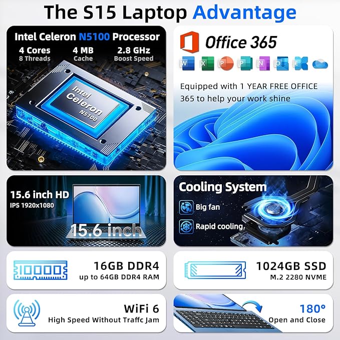 Laptop Win 11 Pro 16GB RAM 1024GB SSD Celeron WiFi 6 15.6" miniatura 2