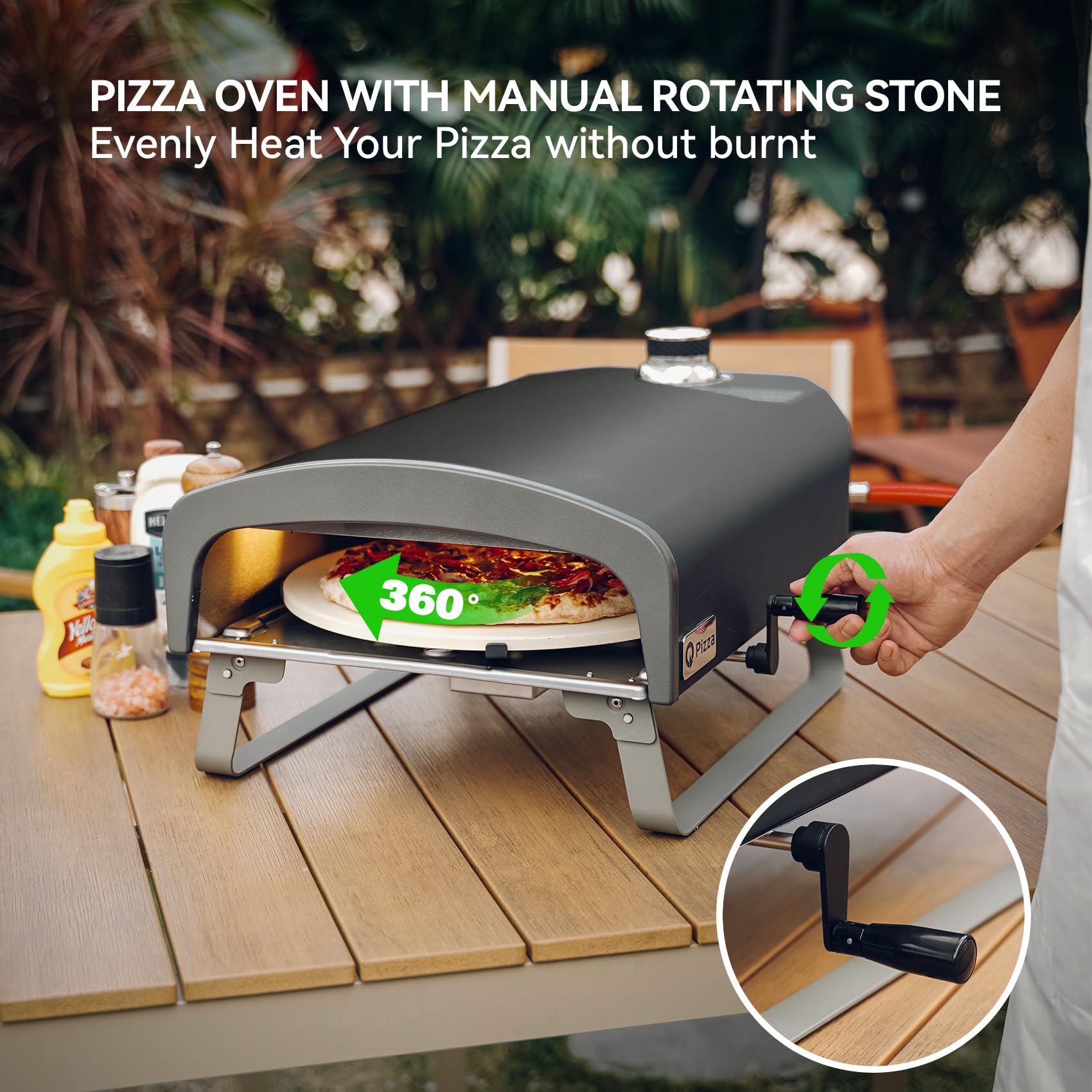 Q Pizza Gas Pizzaofen mit Manueller Drehfunktion, 500 Grad Pizza Grill für Outdoor Garten mit ⌀33 cm Pizzastein, Backen Sie Pizza auf Profi-Niveau in Ihrer Kontrolle