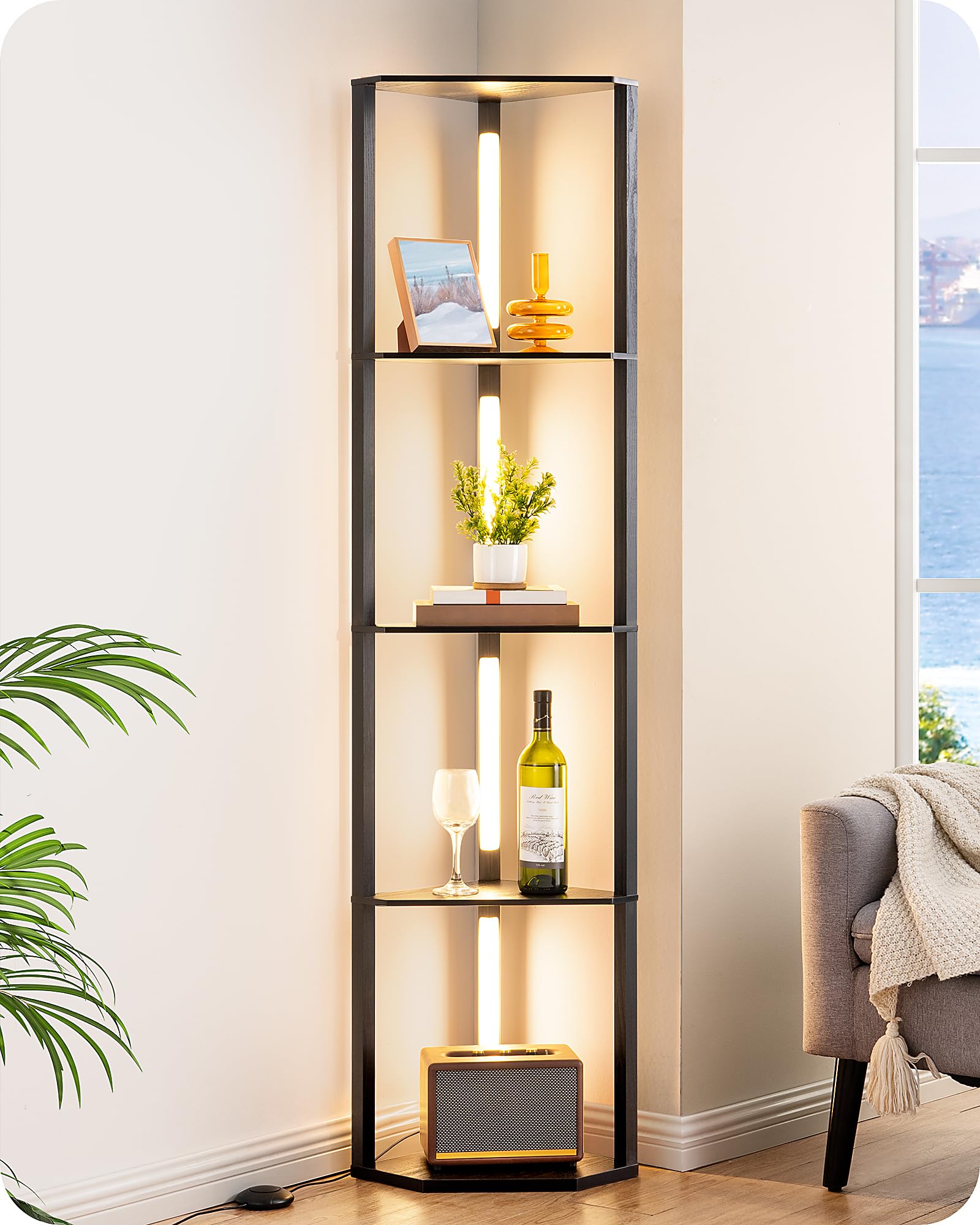 EDISHINE 64'' Corner Display Shelf Floor Lamp, 3CCT, Floor Lamp, Black