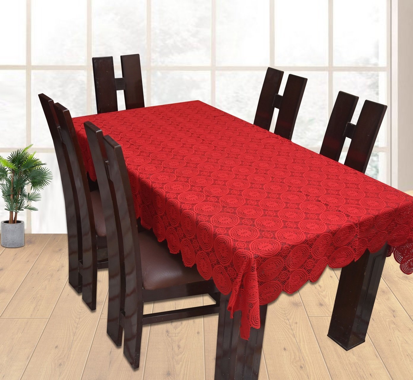 CASA FURNISHING Plastic Net Rectangular Dining Table Cover for 6 Seater (Red,