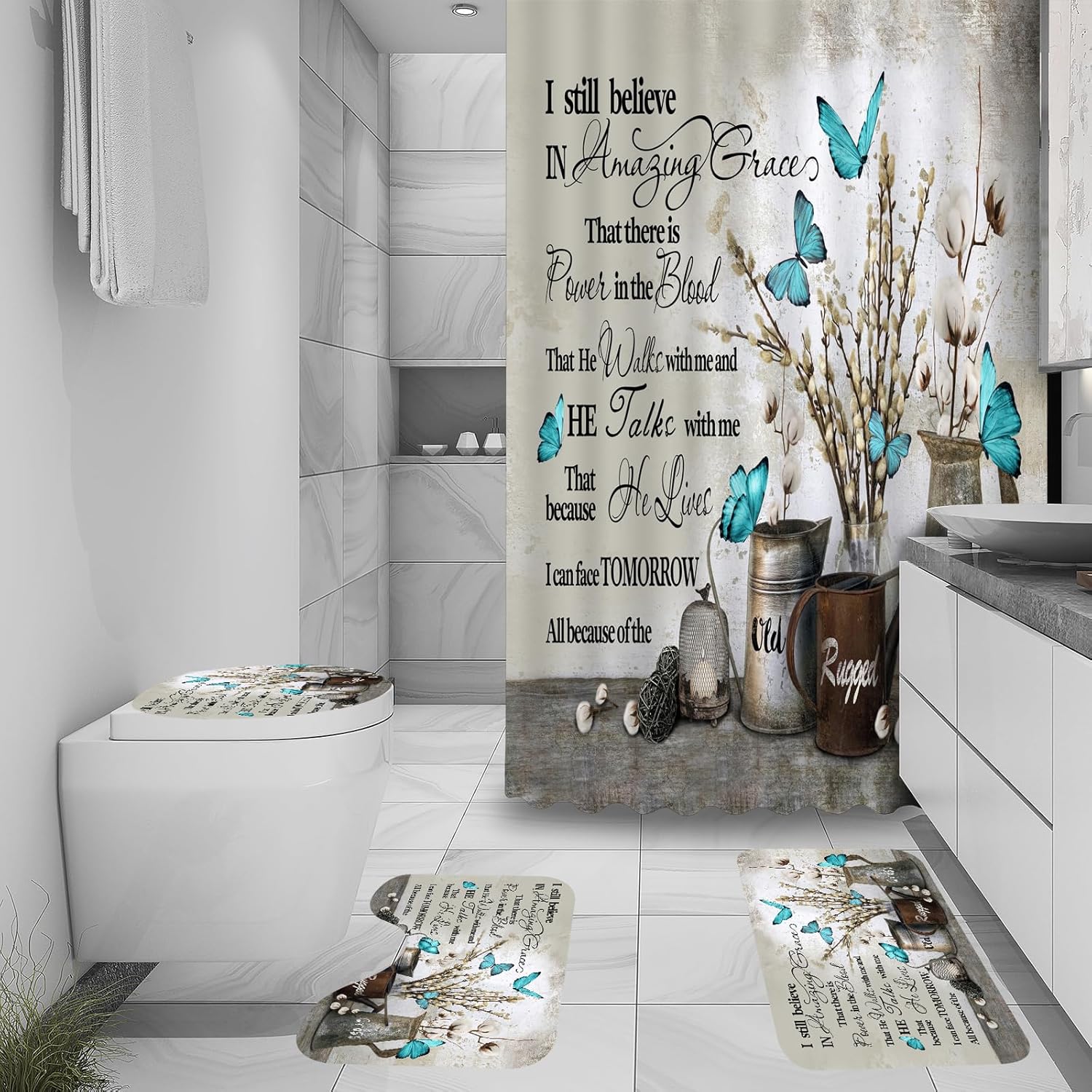 ALEXEX 4 PCS Floral Bible Verse Shower Curtain Sets,Inspirational Quotes Bathroom Set with Shower Curtain and Rugs and Accessories,Farmhouse Floral Blue Butterfly Shower Curtain Bathroom Decor 72 X 72