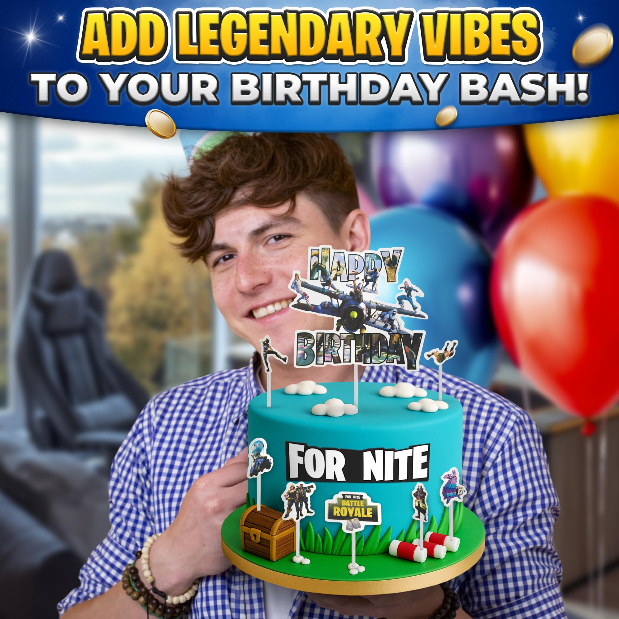 Video Game Cake Topper - Gamer Cake Decorations with 7 Action Figures, Strong Sticks for Easy & Secure Installation - Exciting Happy Birthday Cupcake Toppers Made of Sturdy Cardboard for Little Gamers