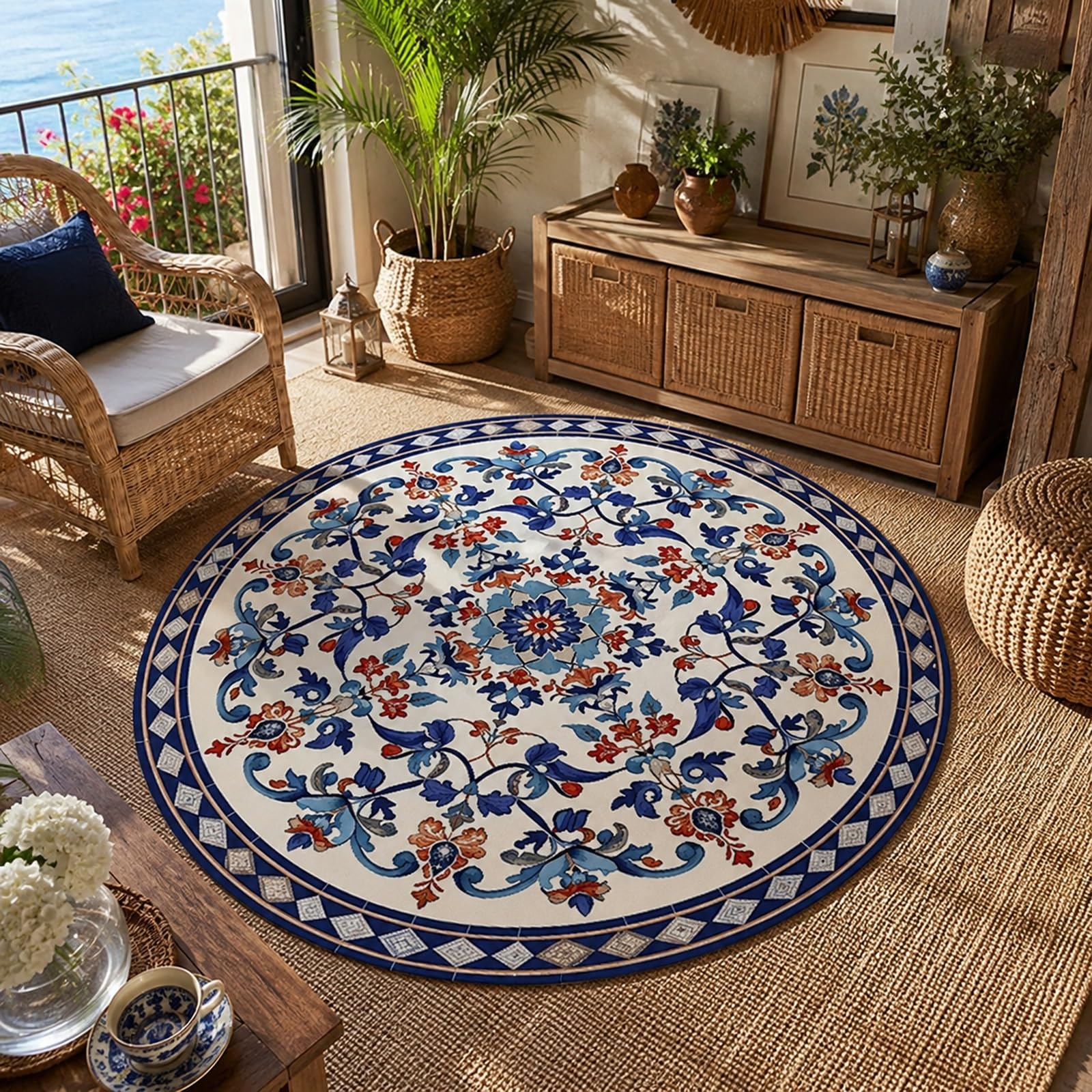 Tapis Rond Vintage Floral Bleu et Rouge 180 cm, Finition Douce Haute Densité