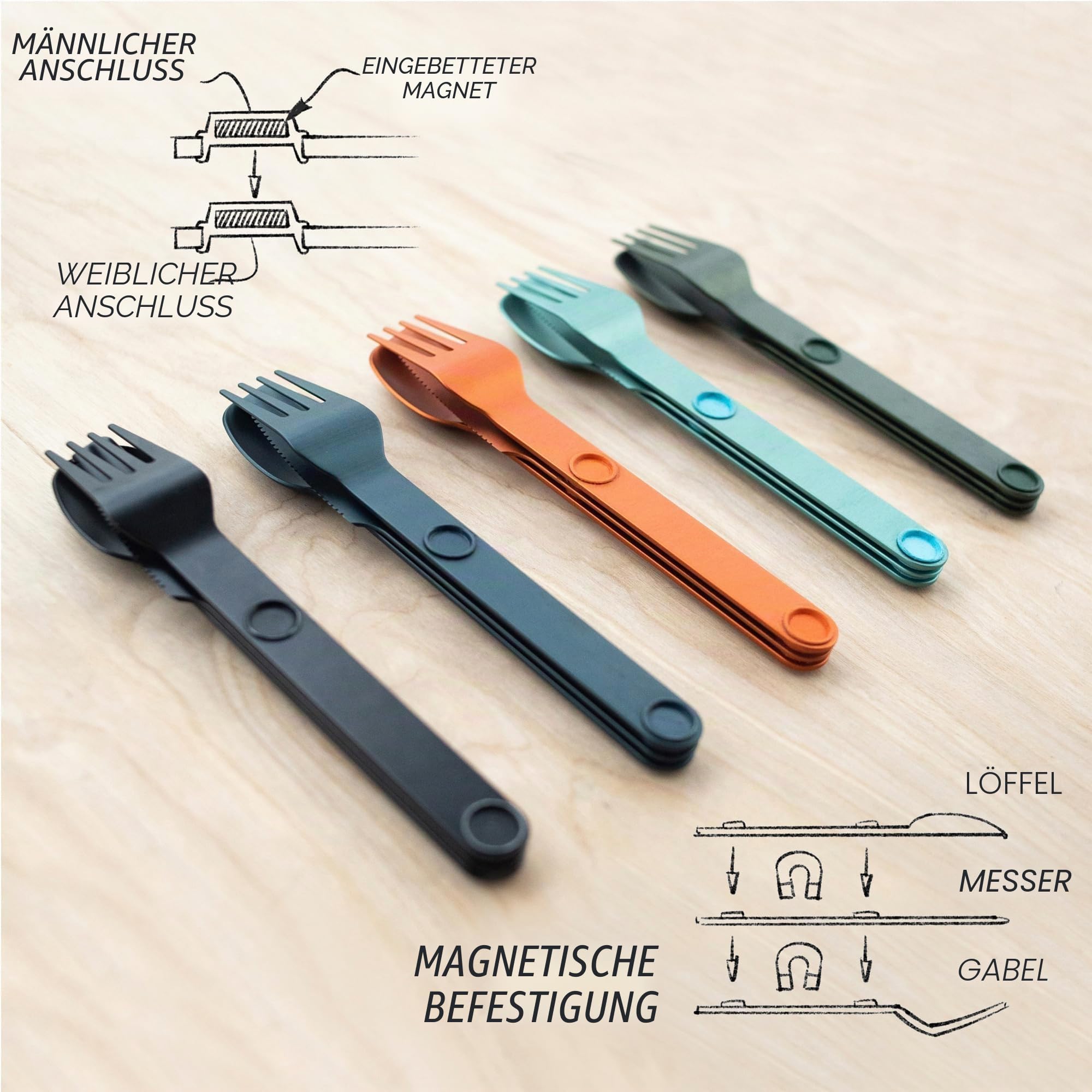 FULL WINDSOR Magware Magnetisches Camping-Besteck-Set, Reiseutensilien für Camping, Kochen und Essen im Freien, Messer, Gabel und Löffel, tragbares Besteck mit Tasche, Schwarz, 3 Stück