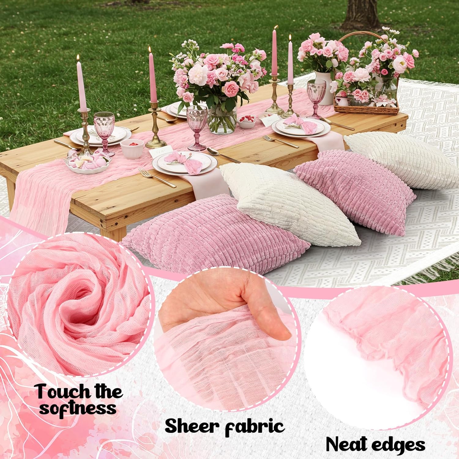 91 x 71 Extra Large Outdoor Boho Picnic Blanket with Pink Table Runner, 6 Throw Pillow Covers 6 Napkins Woven Cotton Yarn Oversize Beach Blanket Washable Picnic Camp Wedding