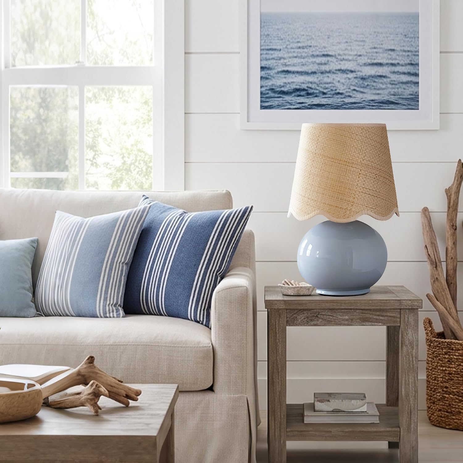 PARTPHONER Coastal Lamp, Small Ceramic Table Lamp, Light Blue Globe Base with Rattan Woven Shade, Rocker Switch Boho Bedside Lamp for Bedroom, Living Room, Kids Room, Bulb Included