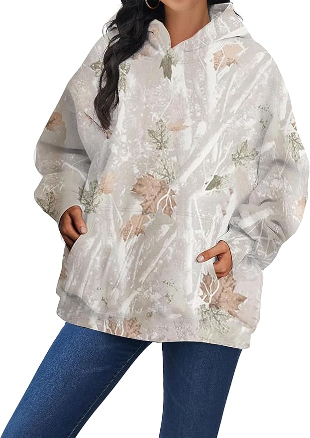 Labolliy Women Oversized Camo Hoodies Maple Leaf Print Long