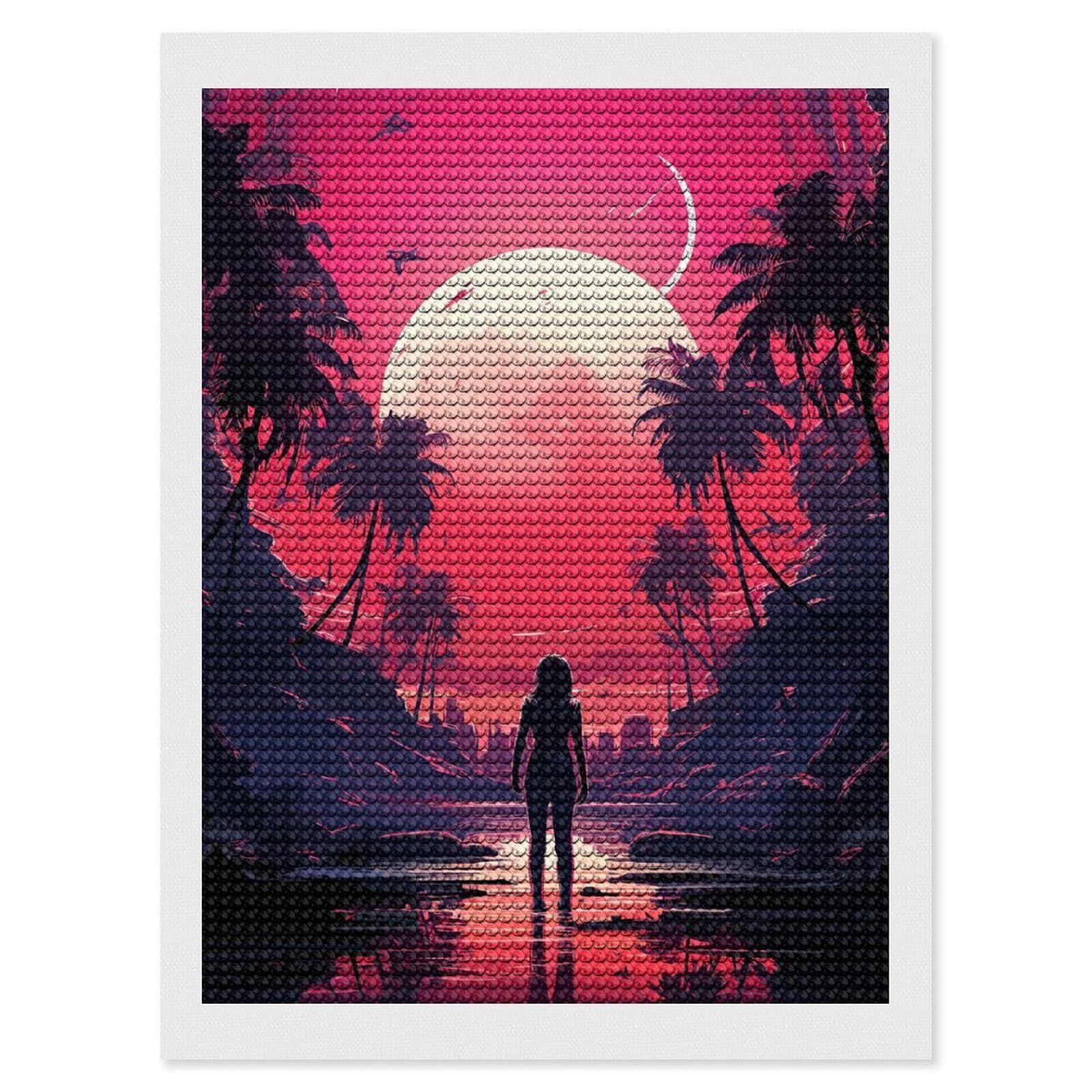 Junmoney Anime Lonely Moonrise Round Drill Diamond Painting 12"x16", Satisfying Creative Project, Complete Accessories, Printed Canvas