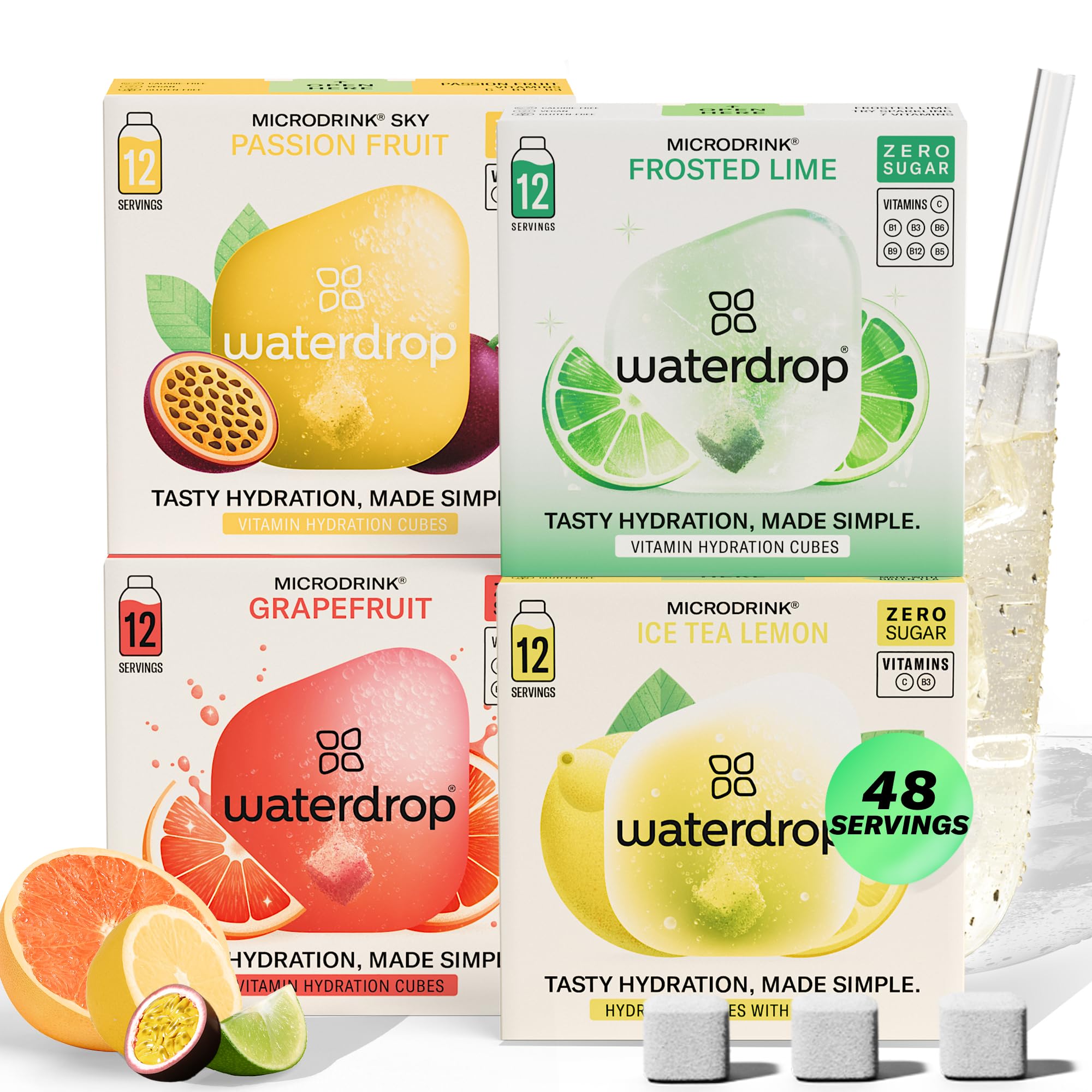 waterdrop® Microdrink Tropical Fruit Set - 48 Water Flavouring Hydration Tablets, Flavoured Water Cubes in Grapefruit, Lime, Passionfruit & Ice Tea Lemon Flavours, Vitamin C & B, Vegan, Sugar Free