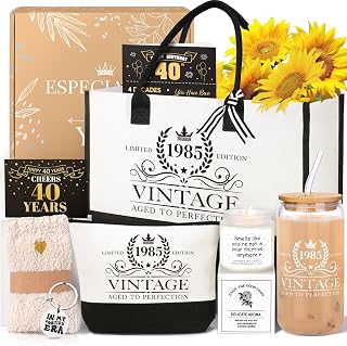 40th Birthday Gifts for Women Her, Cool Gifts for 40 Year Old Woman, Forty Canvas Birthday Tote Bag Glass Cup Candle Gift Basket 40th Ideas Daughter Mom Sister Friend Wife Coworkers