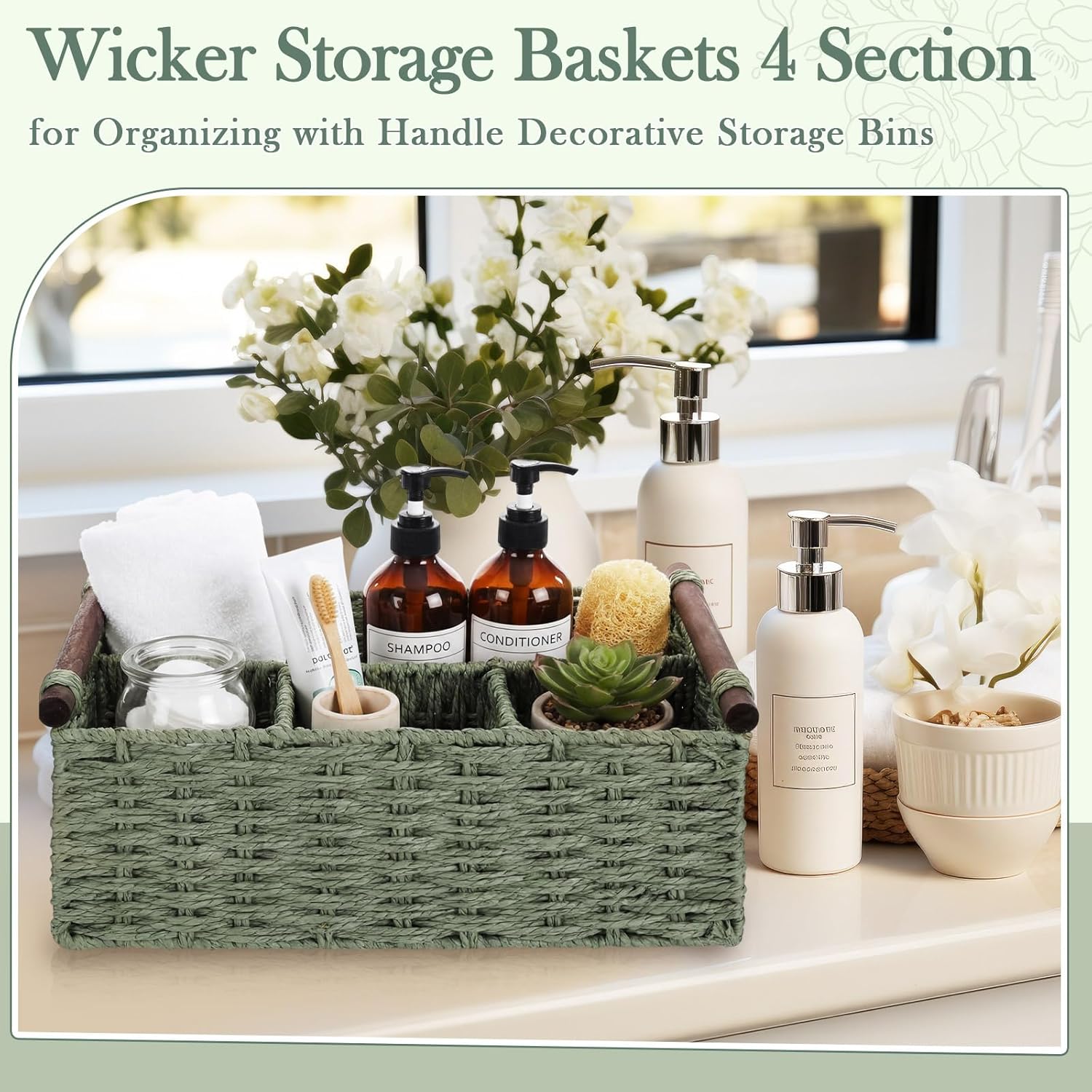 Remerry Green Bathroom Countertop Organizer Caddy, Wicker-Like Divided Basket with Handle and Metal Frame, 4 Compartment, Paper Rope Storage Organizer for Vanity Kitchen (10.24 x 7.87 x 3.94 in)