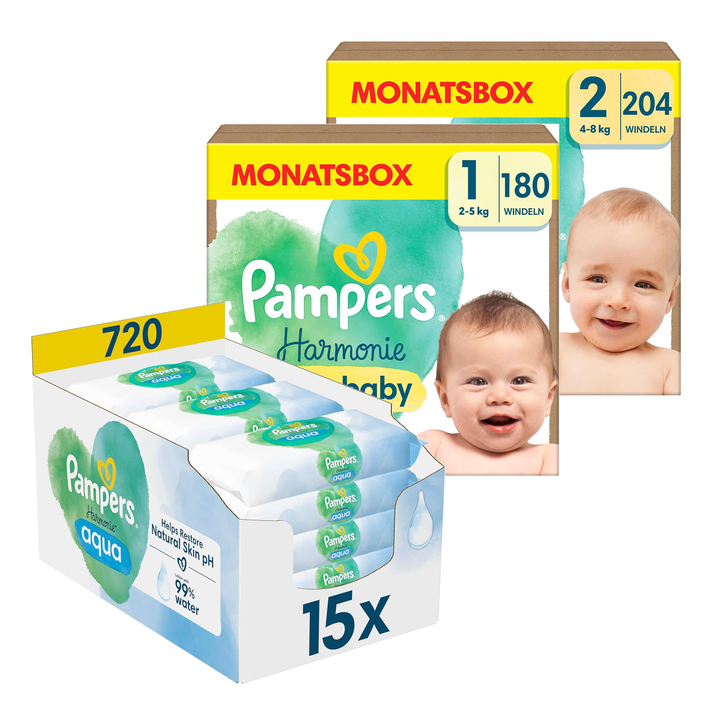 Pampers Harmonie Aqua Baby Wipes Set mit Windeln Größe 1 (2-5kg, 180 Stück) + Größe 2 (4-8kg, 204 Stück) MONATSBOX, und Aqua Baby Feuchttücher, 720 Tücher (15 x 48), Baby Erstausstattung