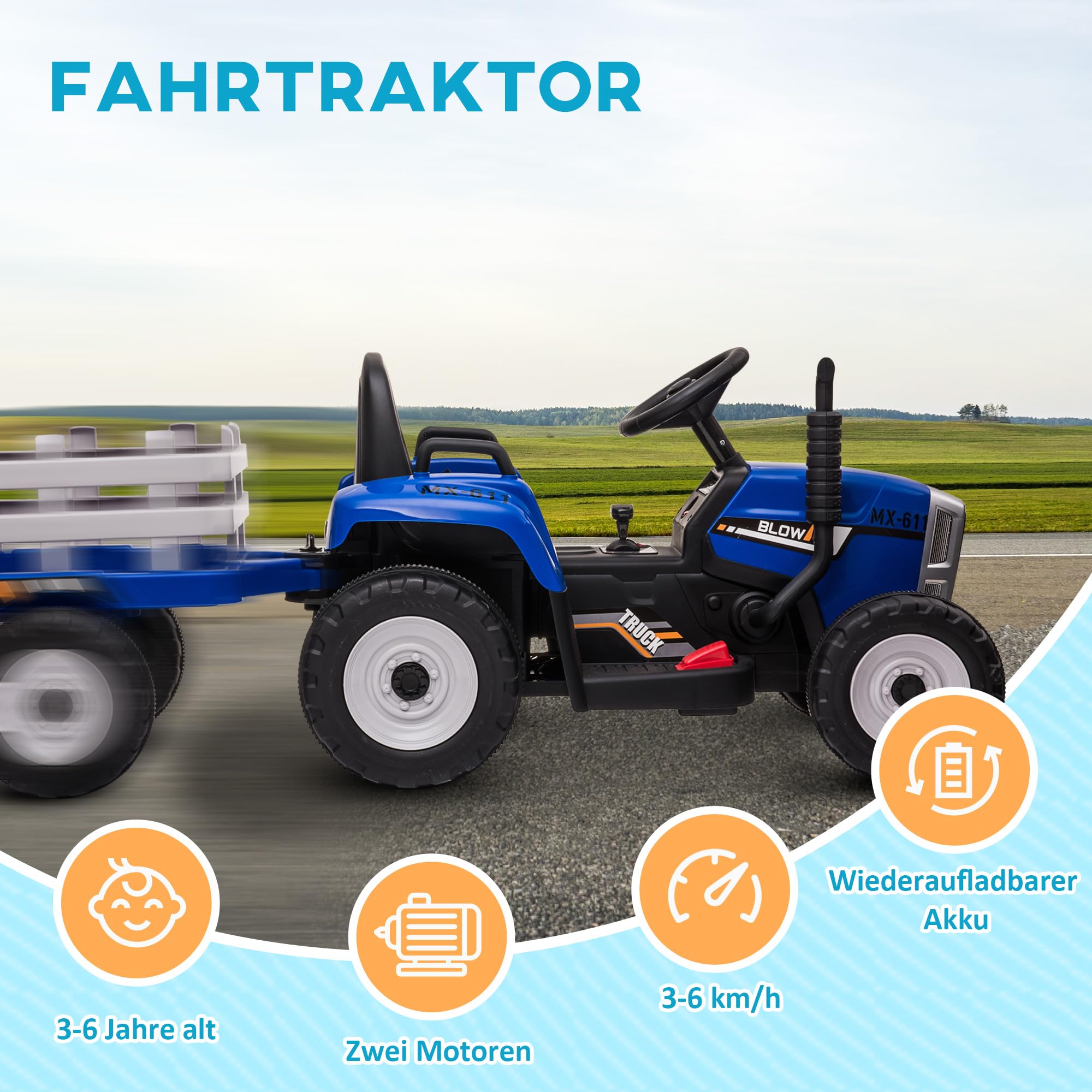 Traktor elektryczny dla dzieci, MP3, 3-6 km/h, Niebieski