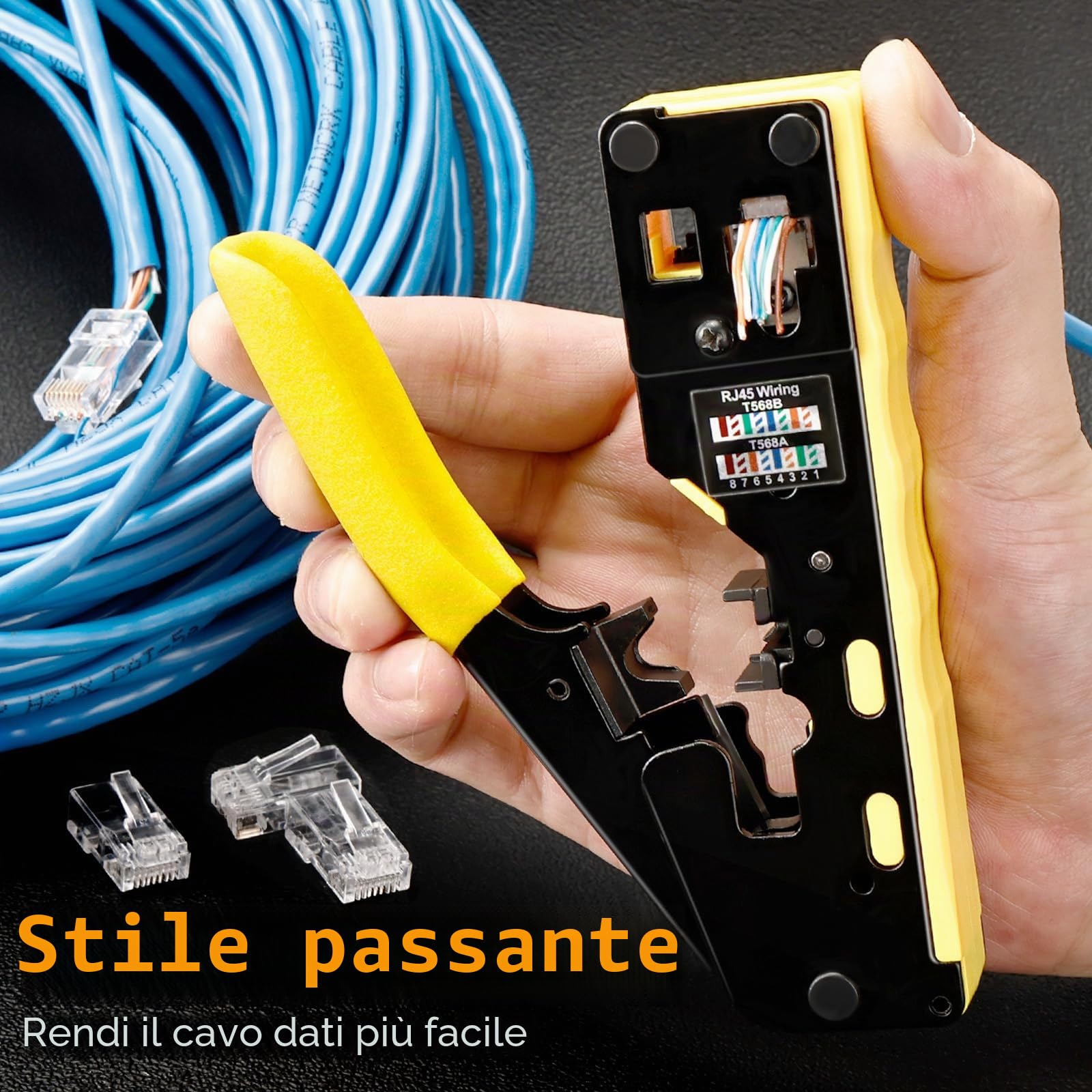Solsop Strumento di crimpatura RJ45 passa-through Ethernet, per connettore passante finale Cat5, Cat6, Cat7, supporta spelatura e taglio