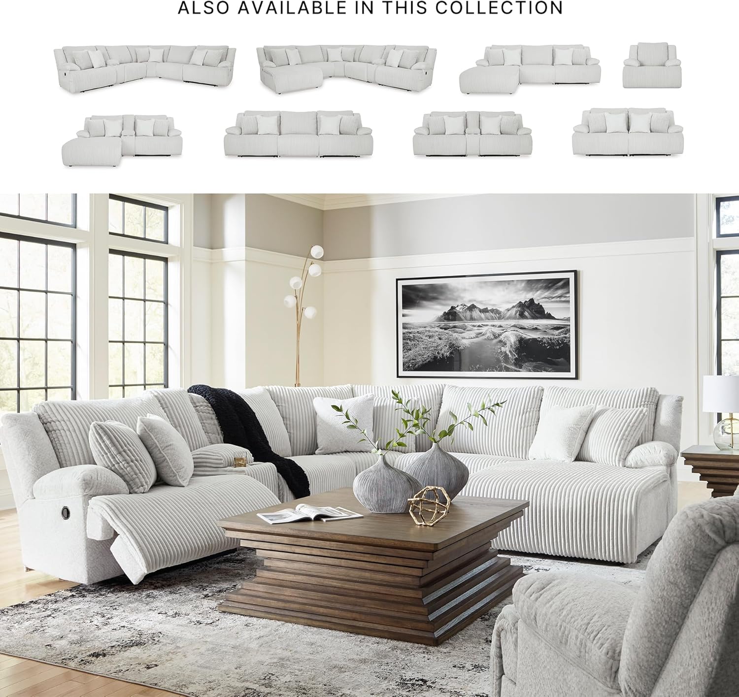 Signature Design by Ashley Top Tier Modern Left-Arm Facing 6-Piece Reclining Sectional with Chaise, Armrest, Throw Pillows and Storage, Light Gray