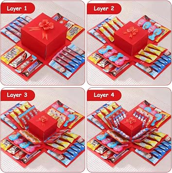 2Pcs Explosion Gift Box Set, DIY Present Boxes, Birthday Anniversary | 5 Layer Exploding Surprise Box, Money Gifts, Valentine's Day, Blue & Red