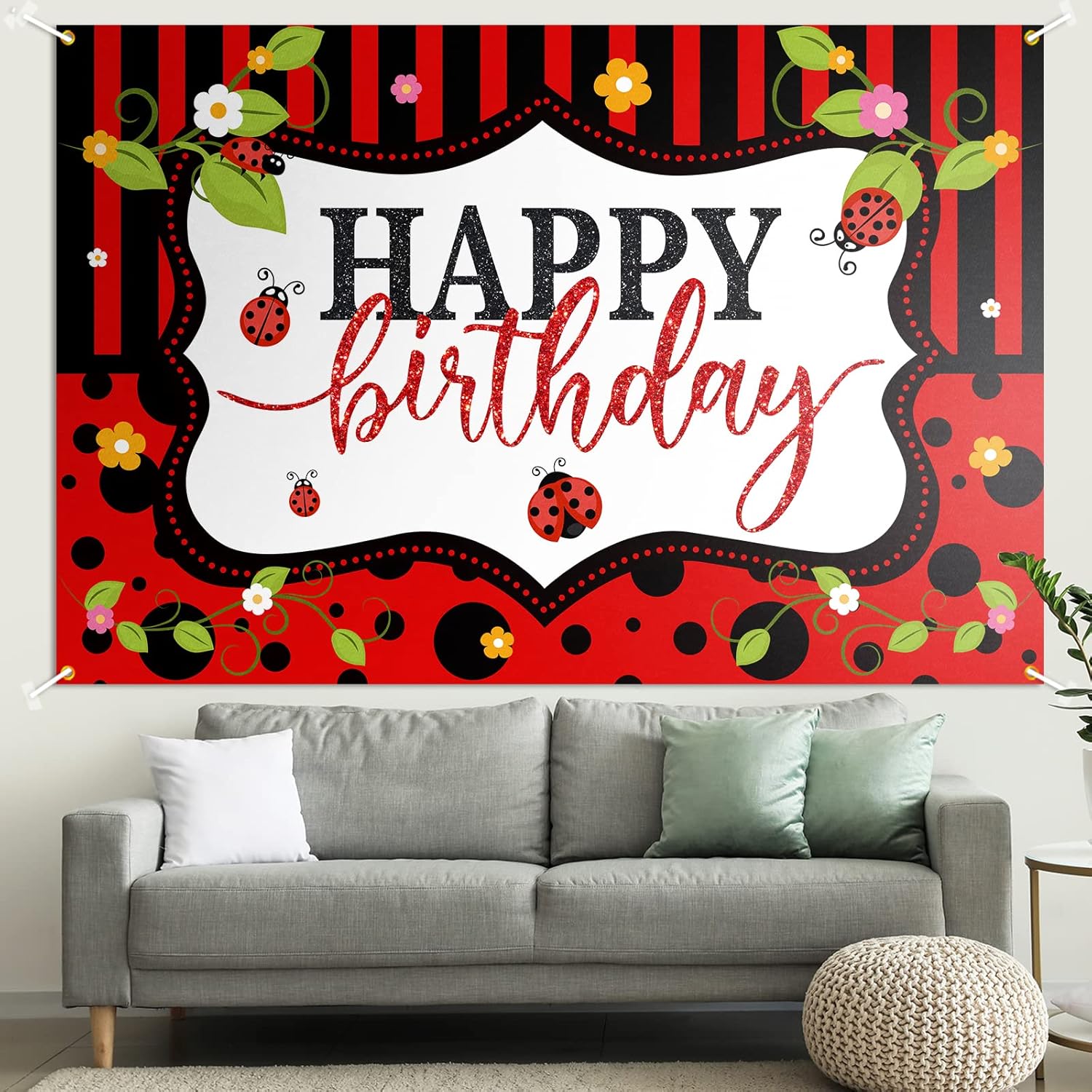 Amazon.com: Ladybug Birthday Backdrop Banner Decor Red - Black Polka ...