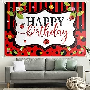 Amazon.com: Ladybug Birthday Backdrop Banner Decor Red - Black Polka ...