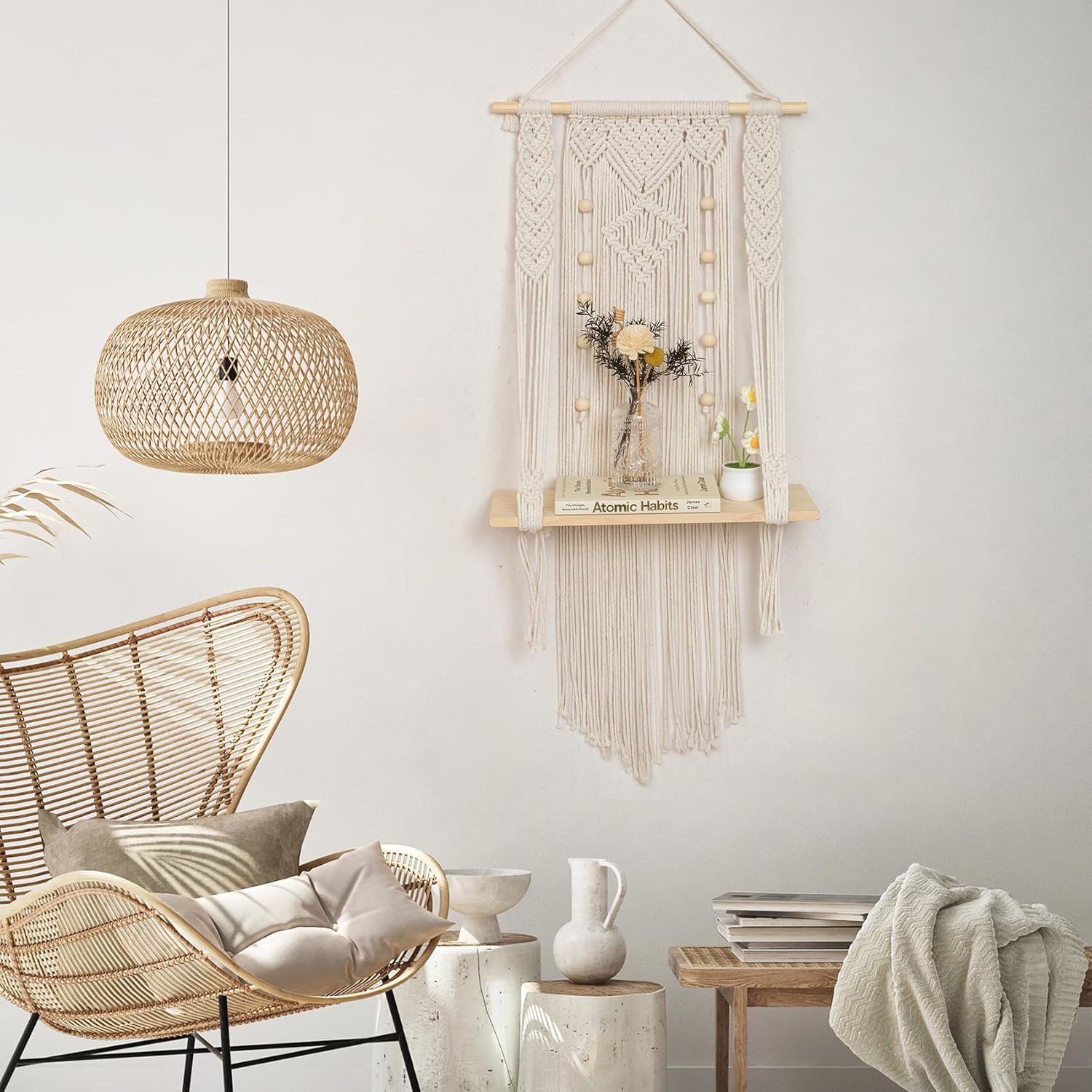 HVEST Macrame Wall Hanging Shelf Boho Decor Handmade Woven Tapestry for Bedroom, Macrame Wall Art Wood Floating Shelf for Living Room Office Nursery Decor Plant Hanger, 34.2L X 15.7W inches