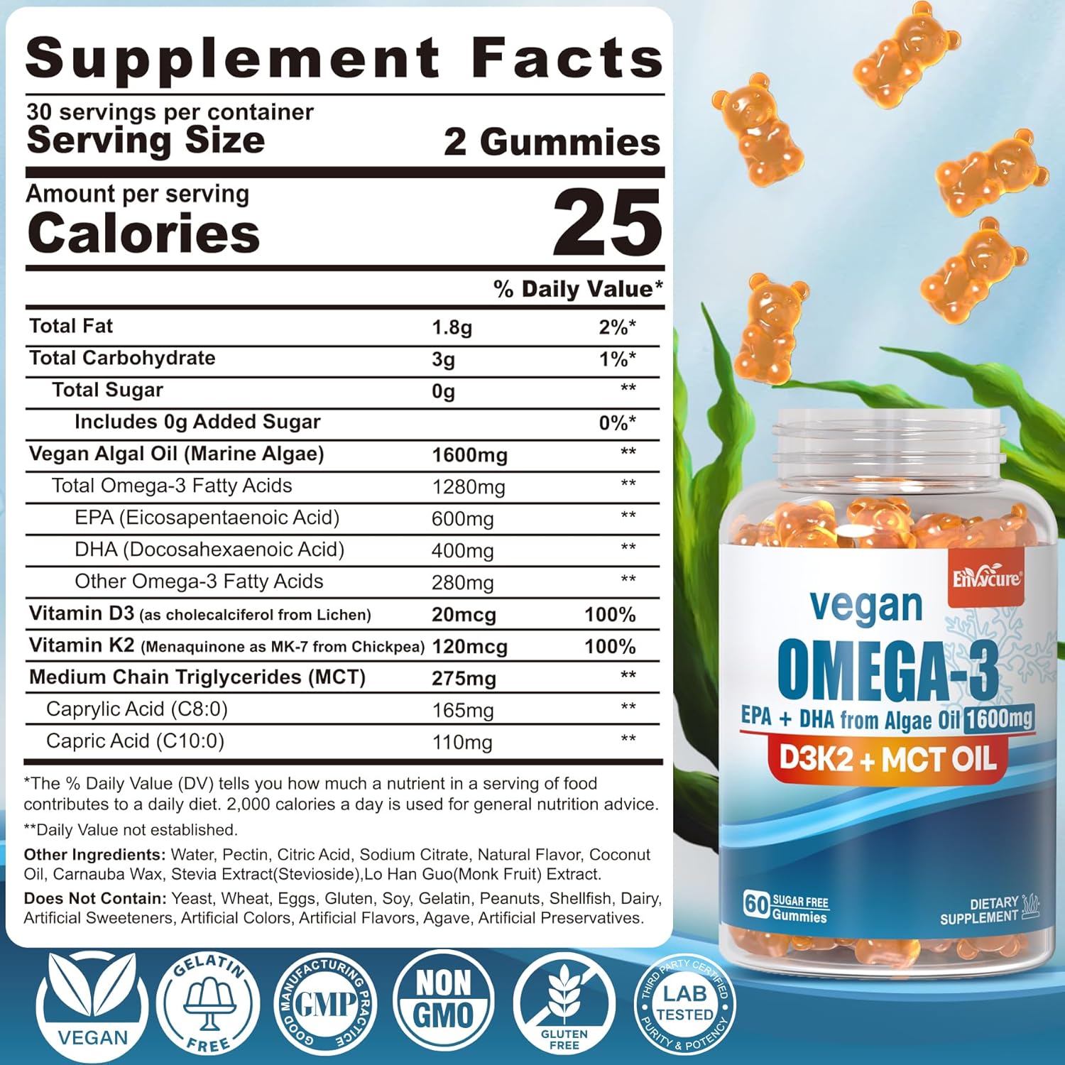 Vegan Omega 3 Gummies 1280mg + Vitamin D3 K2 (MK7), Omega 3 Fish Oil Alternative for Adults, w/Algae EPA 600mg & DHA 400mg, MCT Oil - No Fish Taste - for Brain, Eye, Immune Health, Sugar Free, 2 Pack - Image 2