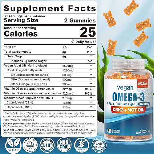 Miniatura 2 de Gomitas veganas Omega 3 de 1280 mg + vitamina D3 K2 (MK7), alternativa al aceite de pescado Omega 3 para adultos, con algas EPA 600 mg y DHA 400 mg,