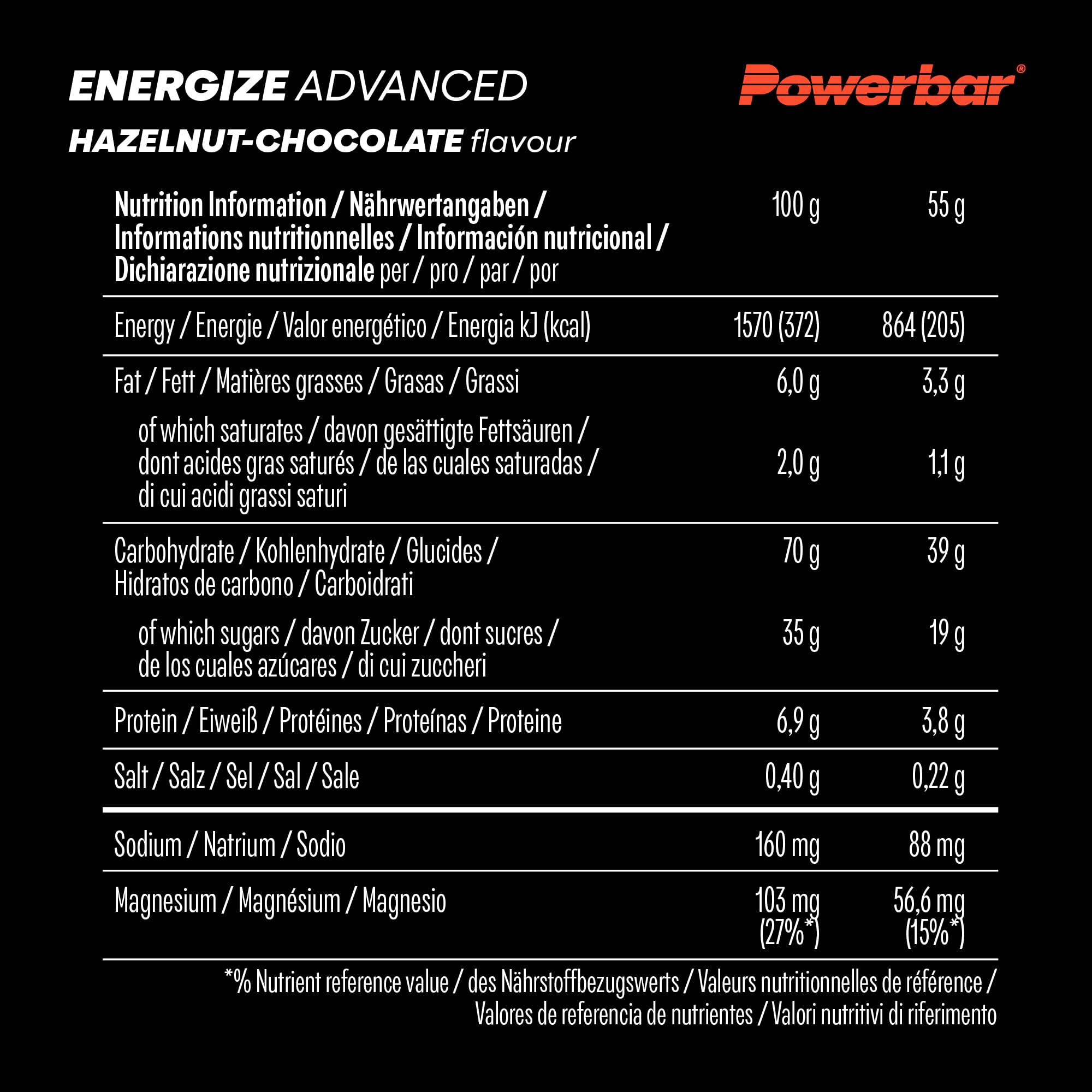 Powerbar - Energize Advanced - Hazelnut Chocolate - 15x55g - Barre énergétique riche en glucides - Magnésium et sodium