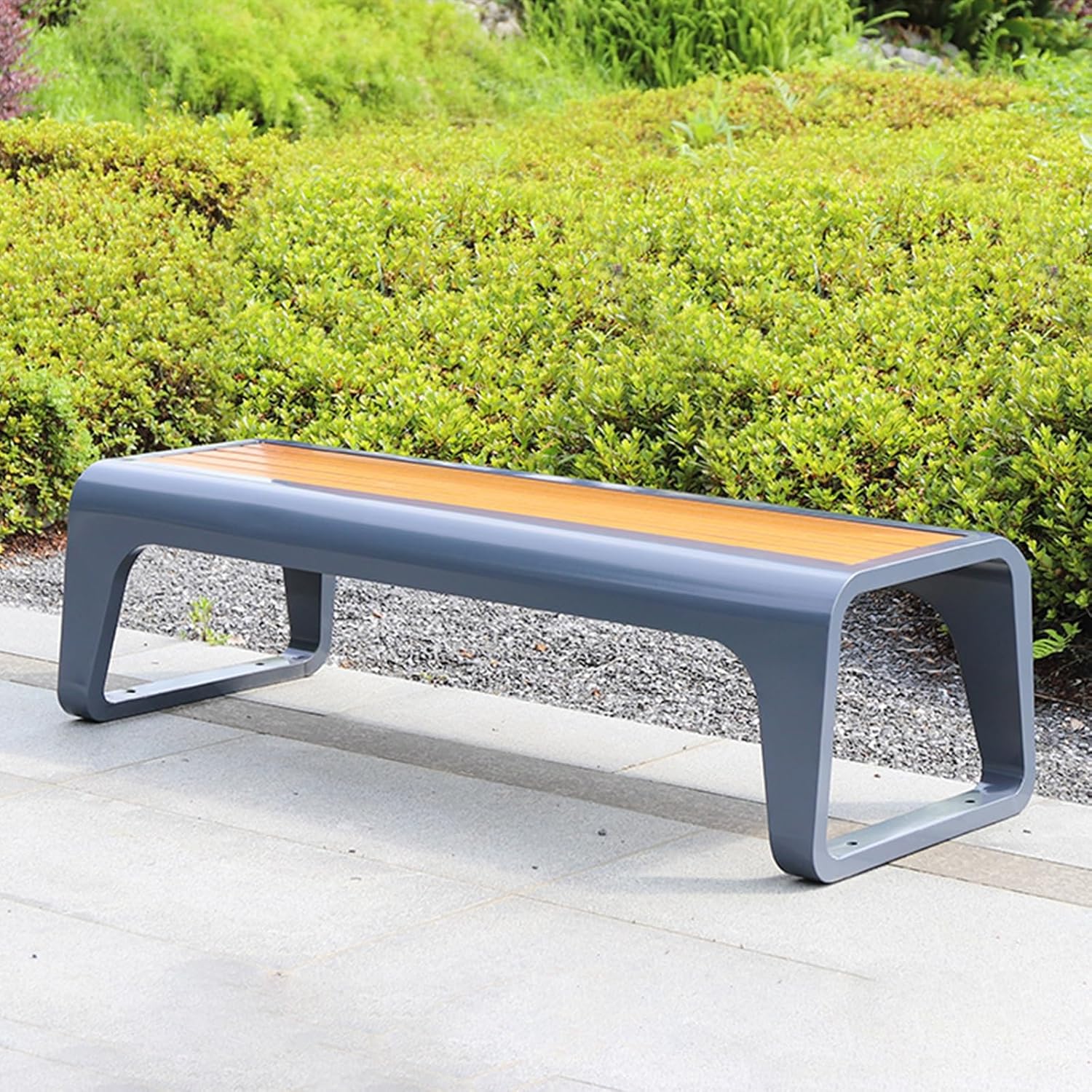 Weatherproof Stainless Steel Backless Outdoor Bench with Plastic-Wood Seat – Heavy-Duty Park Furniture for Gardens, Patios, and Commercial Spaces (Yellow)