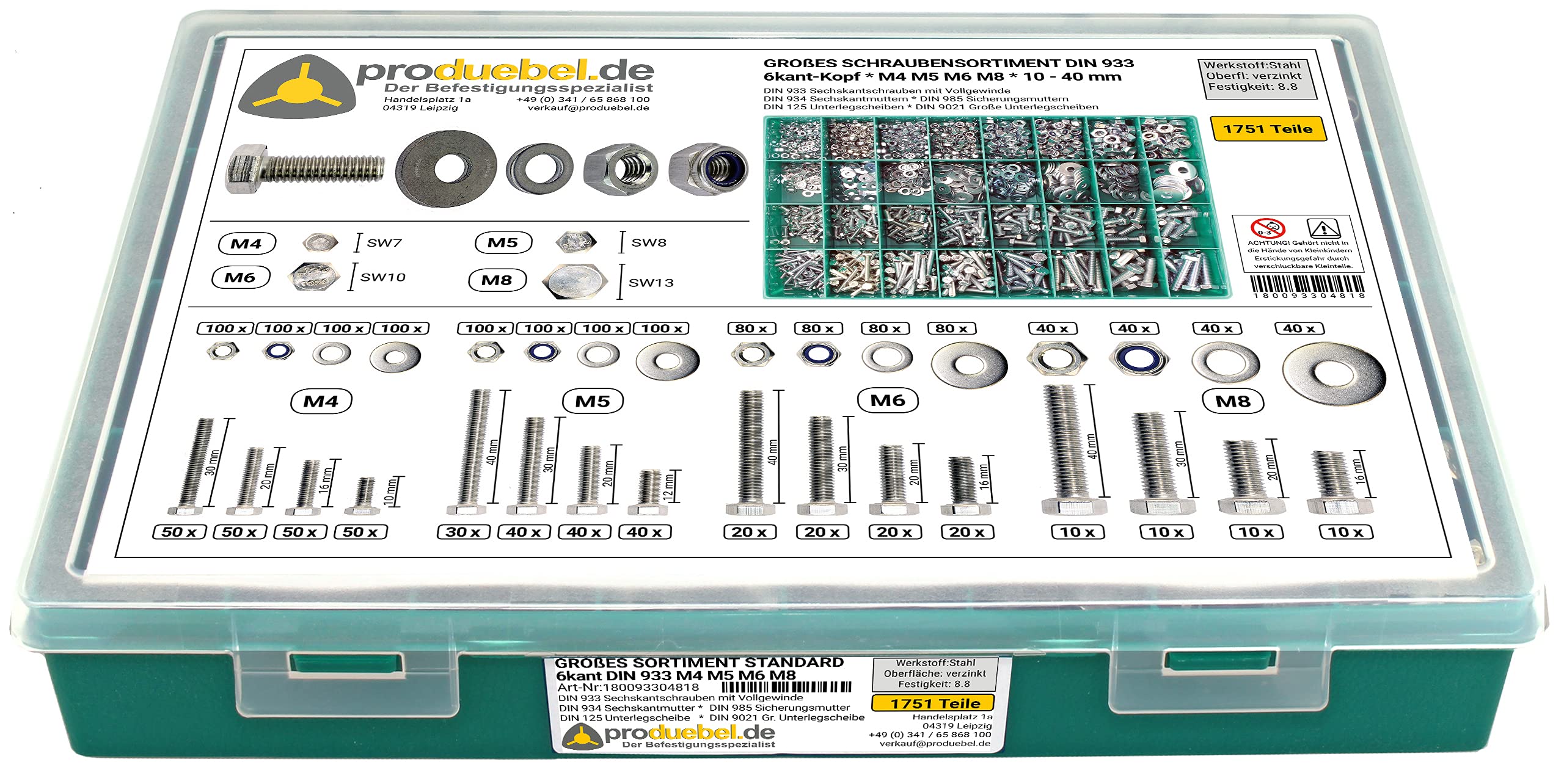 Sparset Großes Schrauben-Sortiment DIN 933 M4/M5/M6/M8 und M10/M12 Stahl verzinkt 2001-tlg. (Standard-Box)