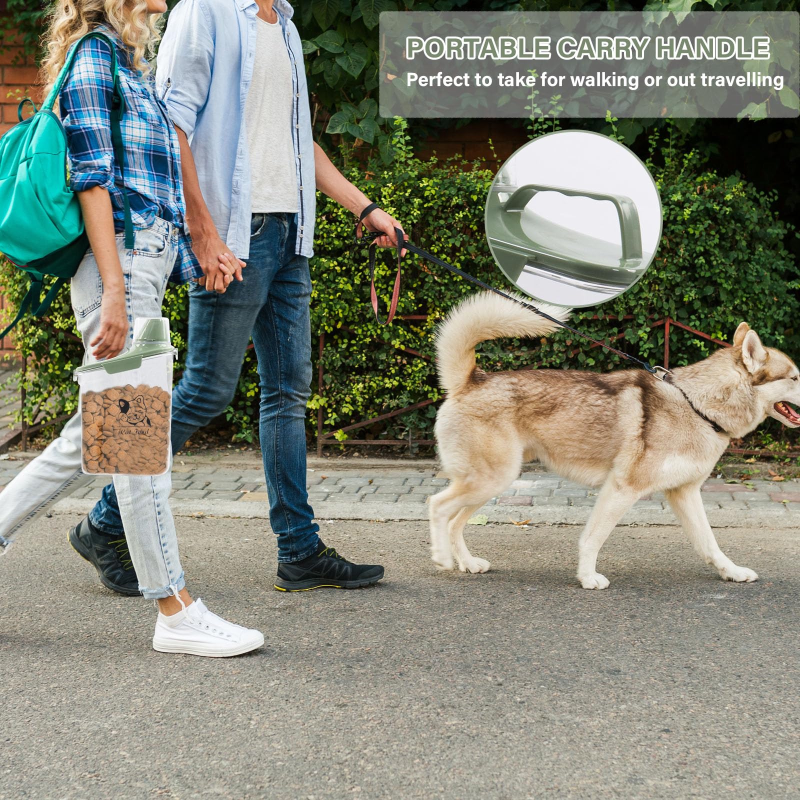 Boîte de rangement nourriture chat 2,8 l, récipient transparent pour croquettes chat chien avec gobelet doseur, bec verseur étroit et poignée portable, boîte à croquettes pour maison et voyage, Vert